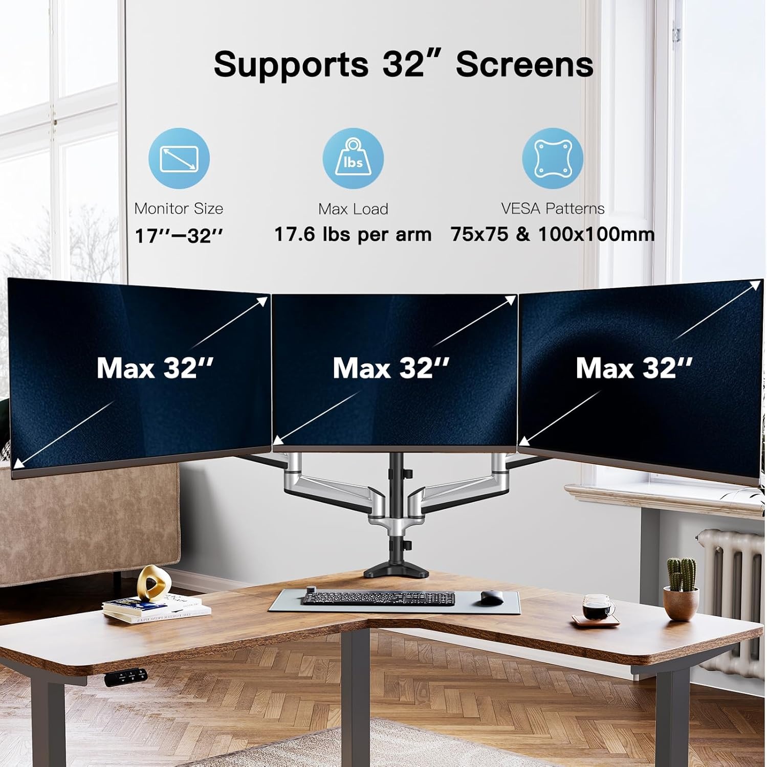 image:imageHUANUO Gaming Triple Monitor Stand Full Motion Articulating Triple Monitor Mount Fit 17 to 32 inch FlatCurved LCD Computer Screens with Clamp Grommet Kit SilverSilver