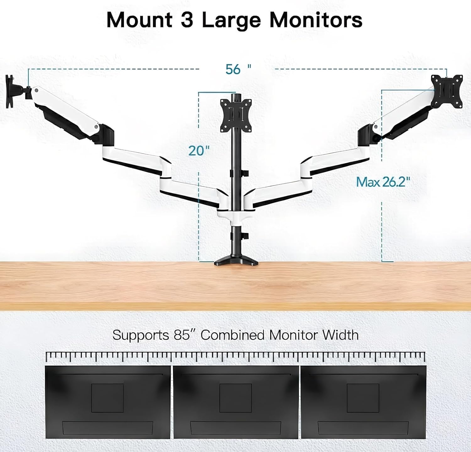 image:imageHUANUO Gaming Triple Monitor Stand Full Motion Articulating Triple Monitor Mount Fit 17 to 32 inch FlatCurved LCD Computer Screens with Clamp Grommet Kit SilverWhite