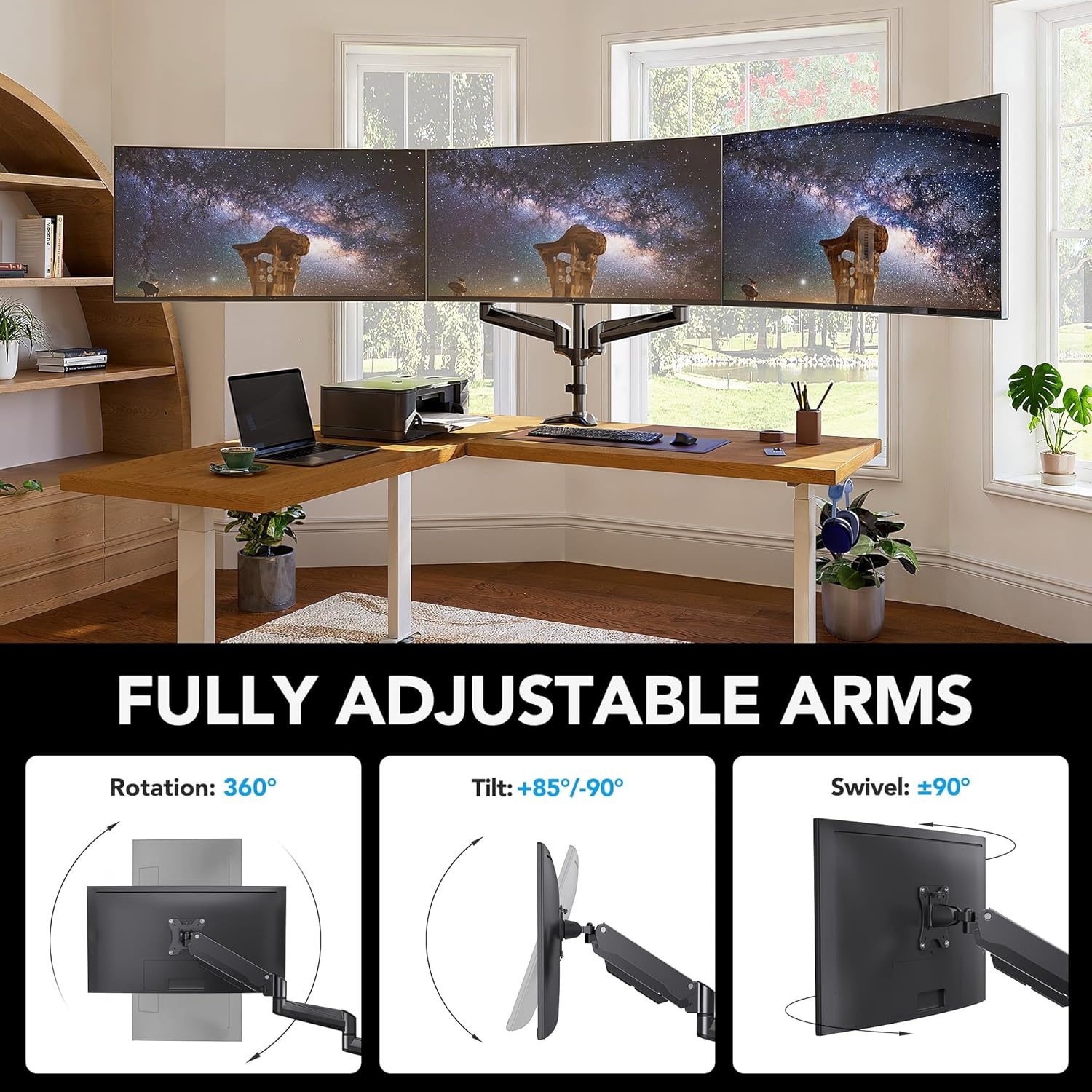 image:imageHUANUO Gaming Triple Monitor Stand Full Motion Articulating Triple Monitor Mount Fit 17 to 32 inch FlatCurved LCD Computer Screens with Clamp Grommet Kit SilverBlack
