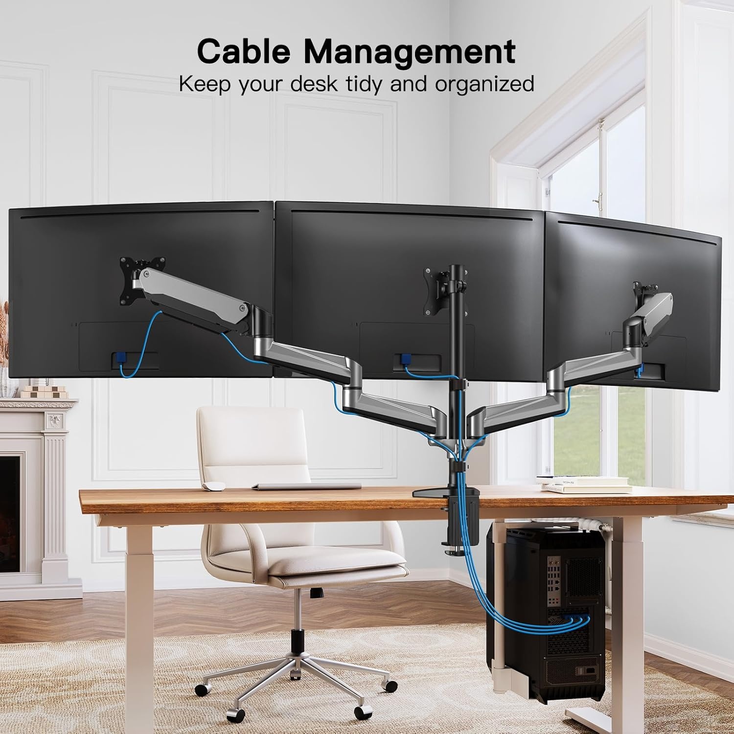 image:imageHUANUO Gaming Triple Monitor Stand Full Motion Articulating Triple Monitor Mount Fit 17 to 32 inch FlatCurved LCD Computer Screens with Clamp Grommet Kit SilverSilver