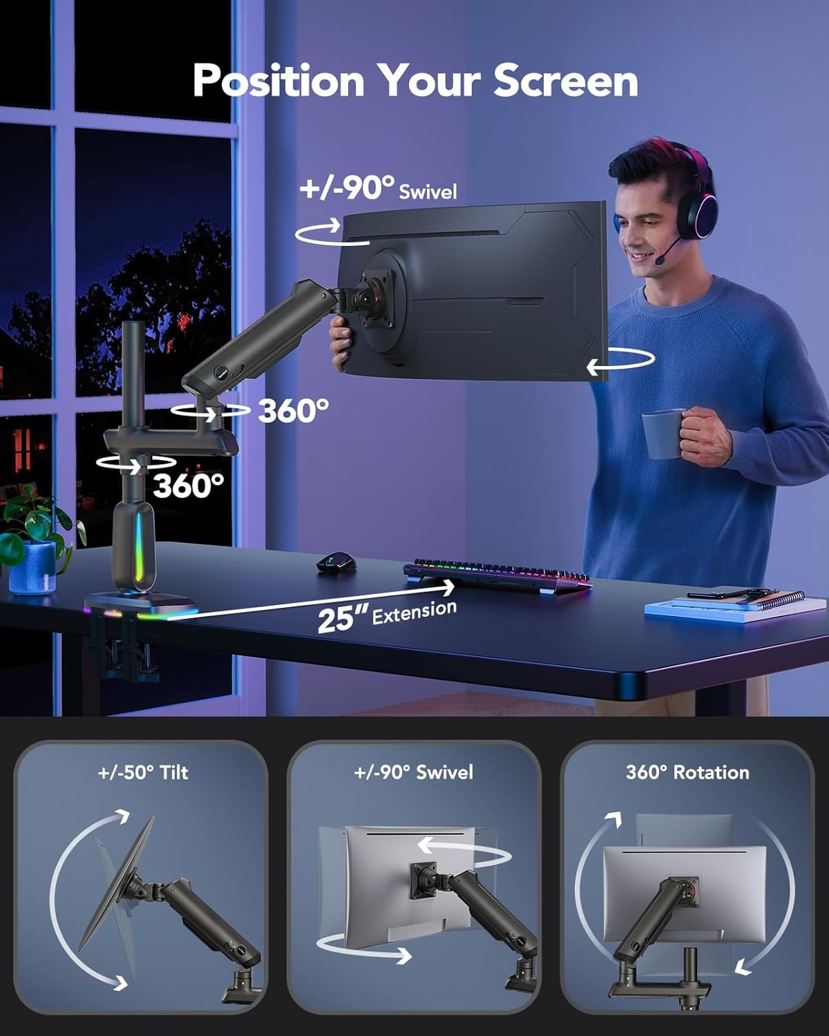 image:imageHUANUO RGB Heavy Duty Monitor Arm for Ultrawide Screens up to 57 Holds 44 lbs Tall Ultrawide Monitor Stand with 291 Max Height Fully Adjustable Single Computer Desk Mount Max VESA 100x100mmRGB