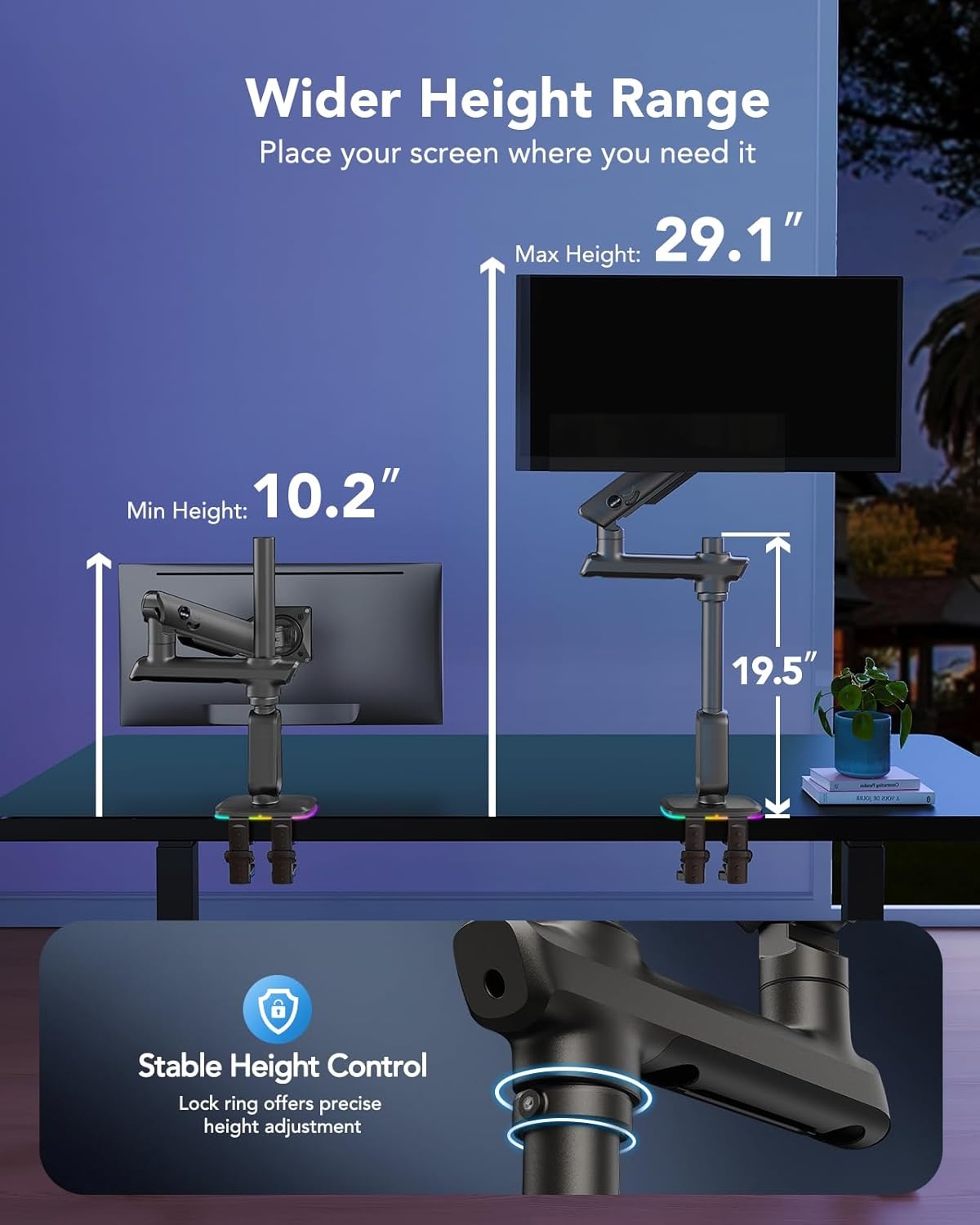 image:imageHUANUO RGB Heavy Duty Monitor Arm for Ultrawide Screens up to 57 Holds 44 lbs Tall Ultrawide Monitor Stand with 291 Max Height Fully Adjustable Single Computer Desk Mount Max VESA 100x100mmRGB