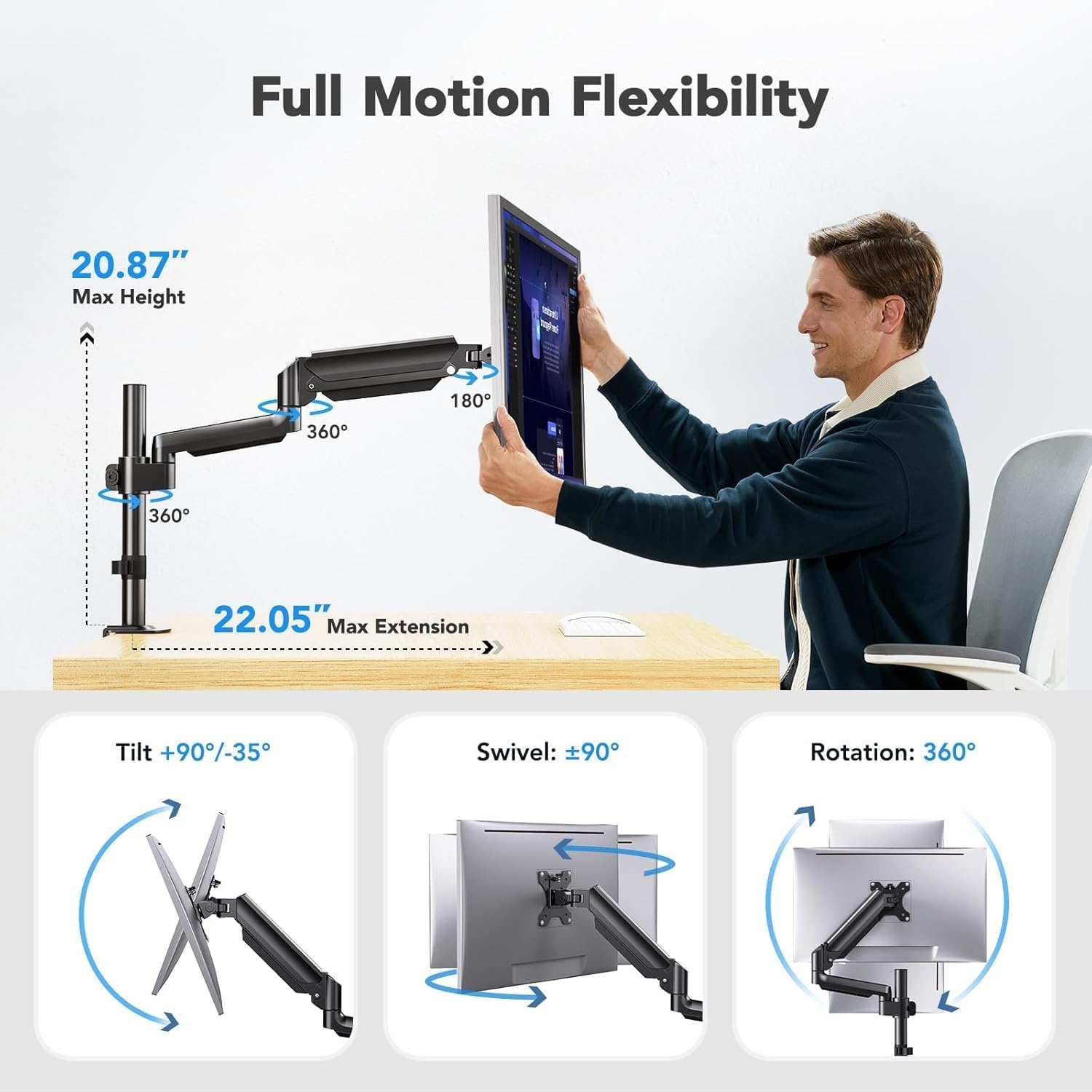 image:imageHUANUO Single Monitor Arm Tall Computer Monitor Stand for 1332 inch Screens Holds 44198 lbs Adjustable Monitor Mount Gas Spring Full Motion with CClamp amp Grommet Base VESA 75x75 or 100x100mm