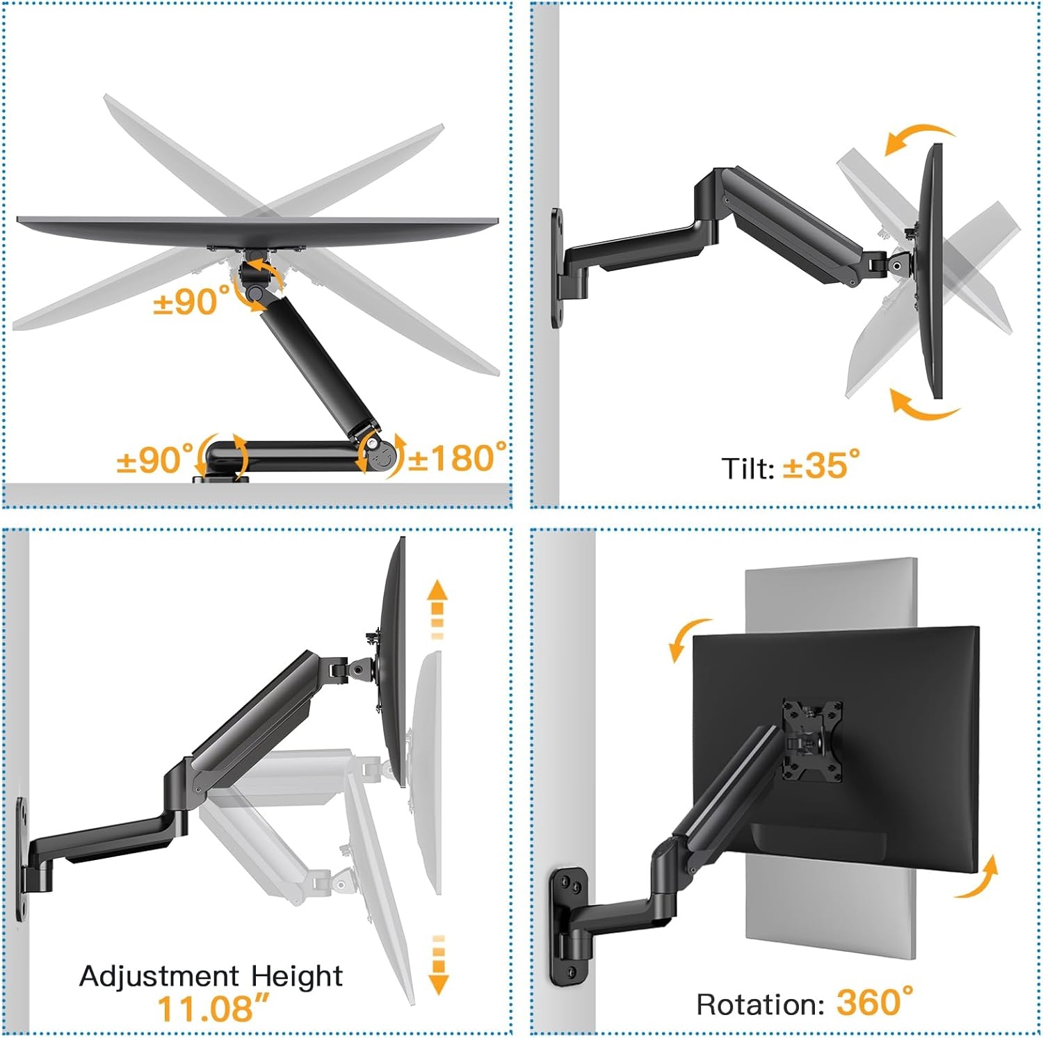 image:imageHUANUO Single Monitor Wall Mount for 13 to 32 Inch Computer Screen Gaming Monitor Wall Mount Arm Holds up to 176lbs Height Adjustable Full Motion Wall Monitor MountVESA Mount 75x75100x100