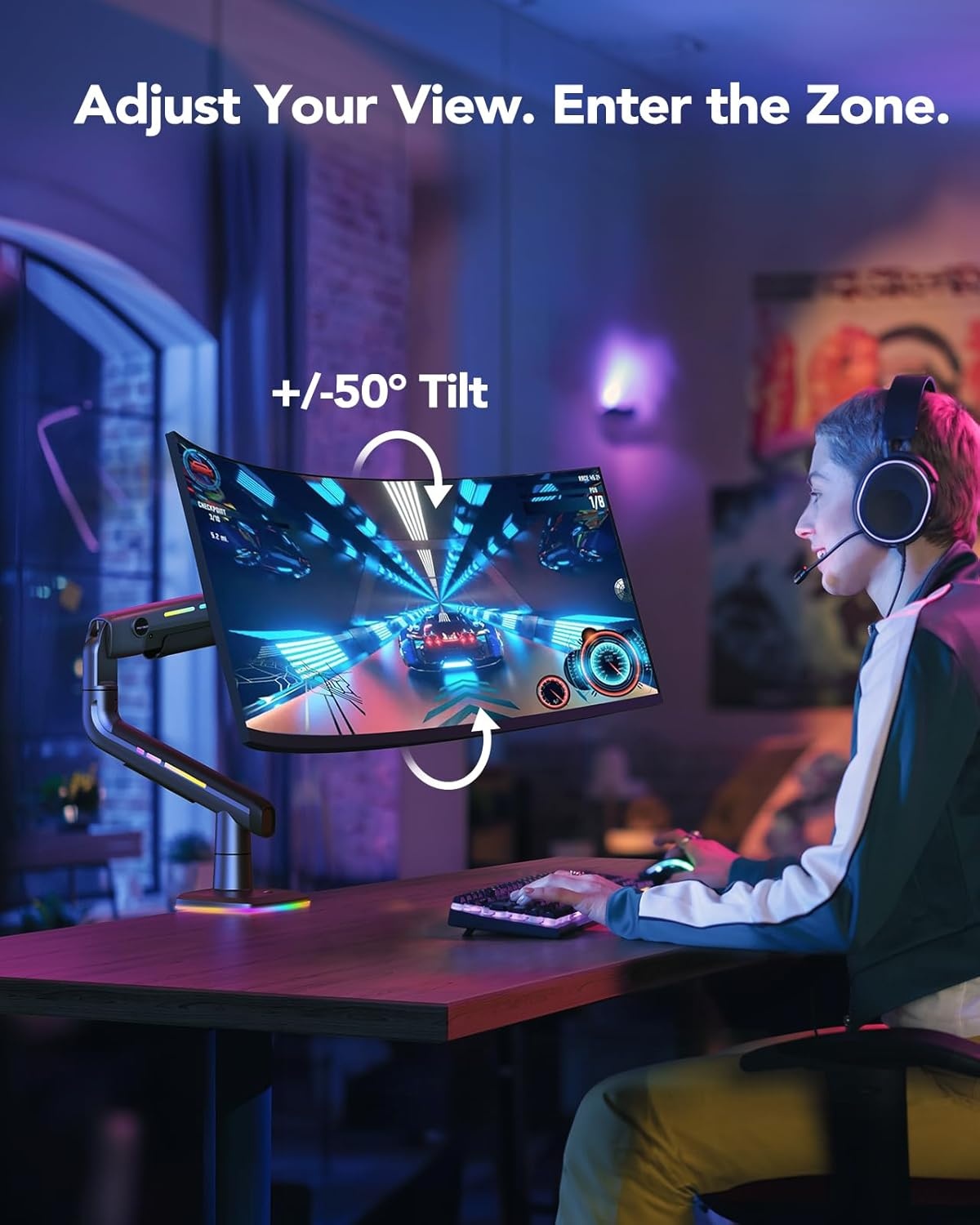 image:imageHUANUO TitanLift Monitor Arm for Ultrawide Screens up to 49 HeavyDuty Single Mount Holds 44 lbs Fully Adjustable Gaming Monitor Arm with CClamp amp Grommet Base Max VESA 100 x 100mm RGB45