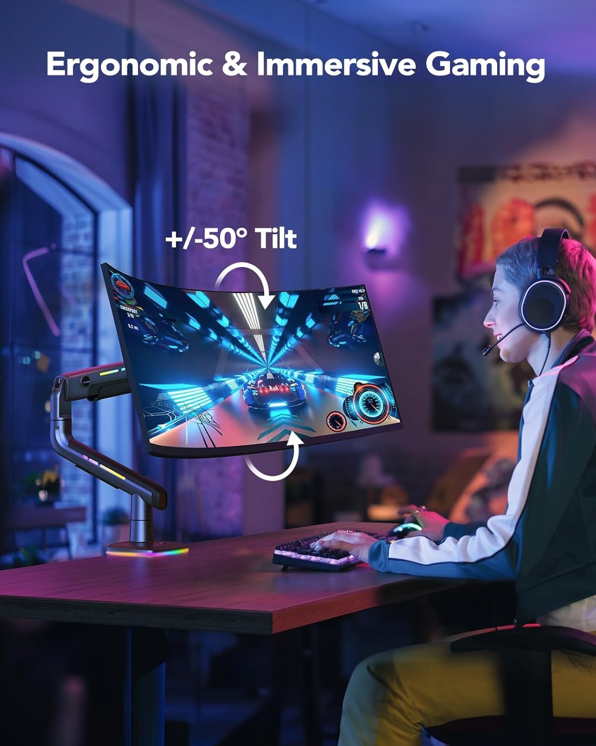 image:imageHUANUO TitanLift Monitor Arm for Ultrawide Screens up to 49 HeavyDuty Single Mount Holds 44 lbs Fully Adjustable Gaming Monitor Arm with CClamp amp Grommet Base Max VESA 100 x 100mm RGB49