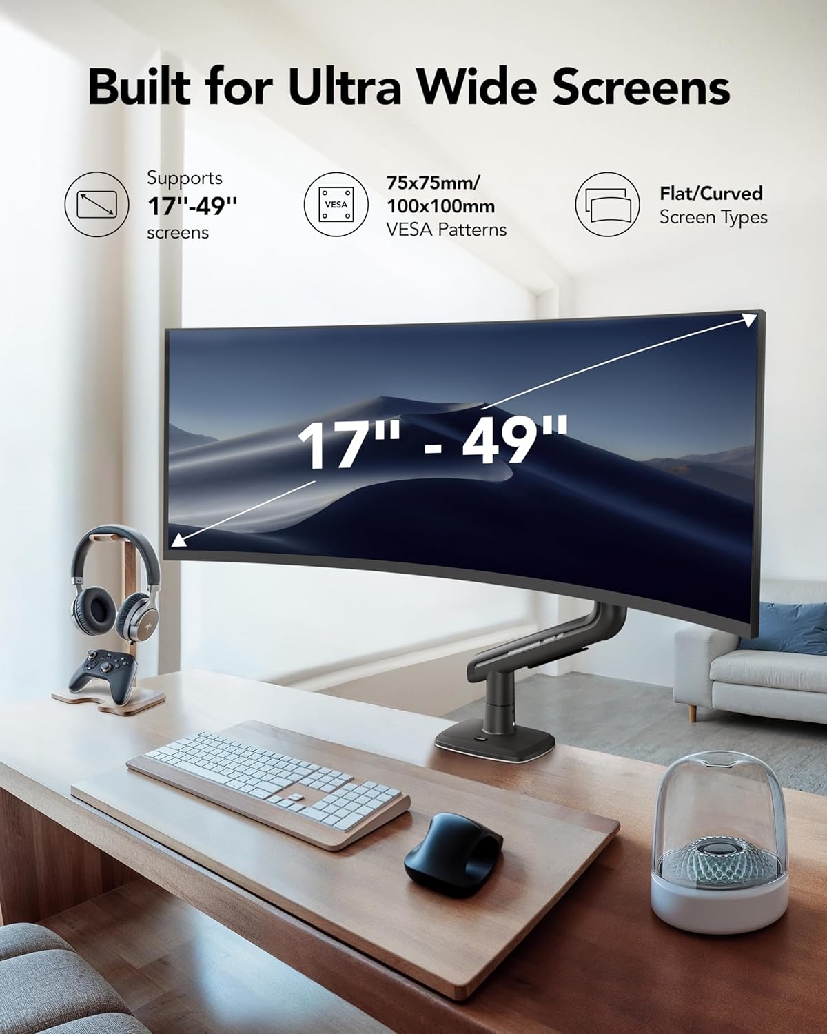 image:imageHUANUO TitanLift Monitor Arm for Ultrawide Screens up to 49 HeavyDuty Single Mount Holds 44 lbs Fully Adjustable Gaming Monitor Arm with CClamp amp Grommet Base Max VESA 100 x 100mm RGB49