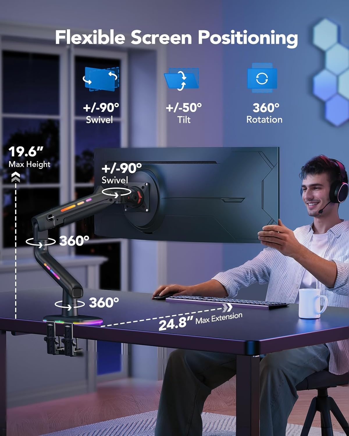 image:imageHUANUO TitanLift Monitor Arm for Ultrawide Screens up to 49 HeavyDuty Single Mount Holds 44 lbs Fully Adjustable Gaming Monitor Arm with CClamp amp Grommet Base Max VESA 100 x 100mm RGB45