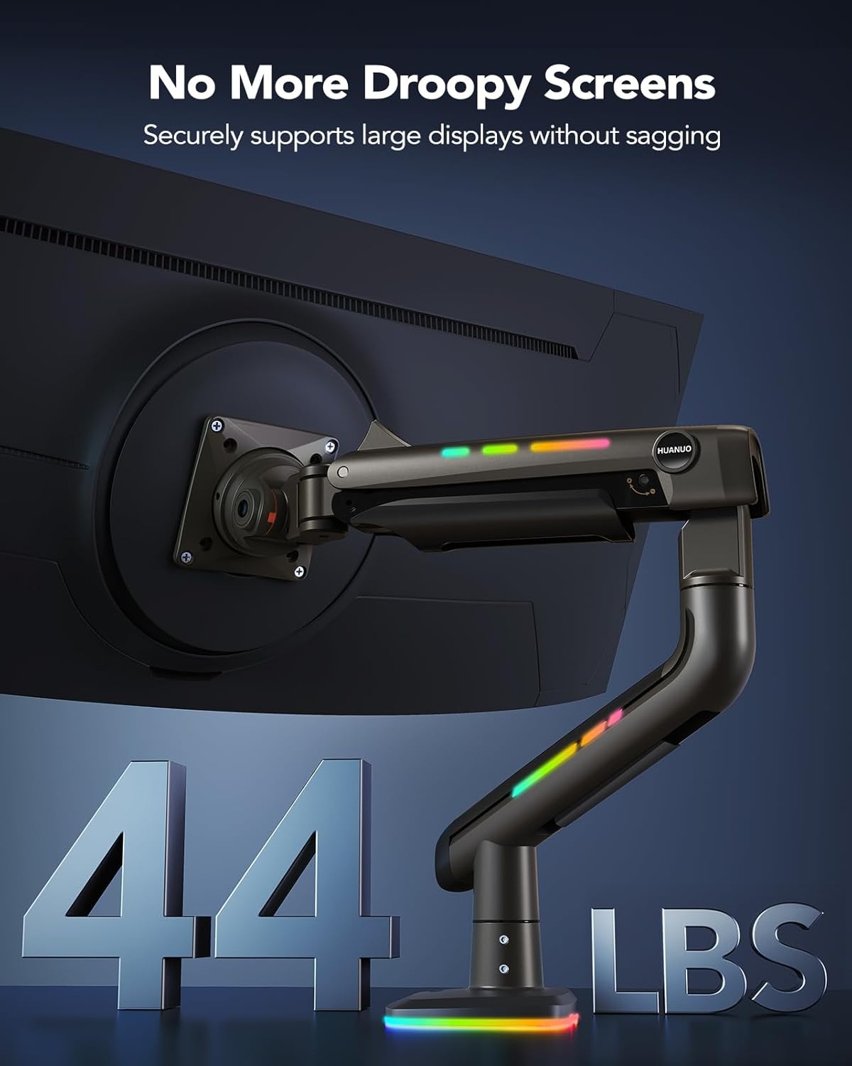 image:imageHUANUO TitanLift Monitor Arm for Ultrawide Screens up to 49 HeavyDuty Single Mount Holds 44 lbs Fully Adjustable Gaming Monitor Arm with CClamp amp Grommet Base Max VESA 100 x 100mm RGB45