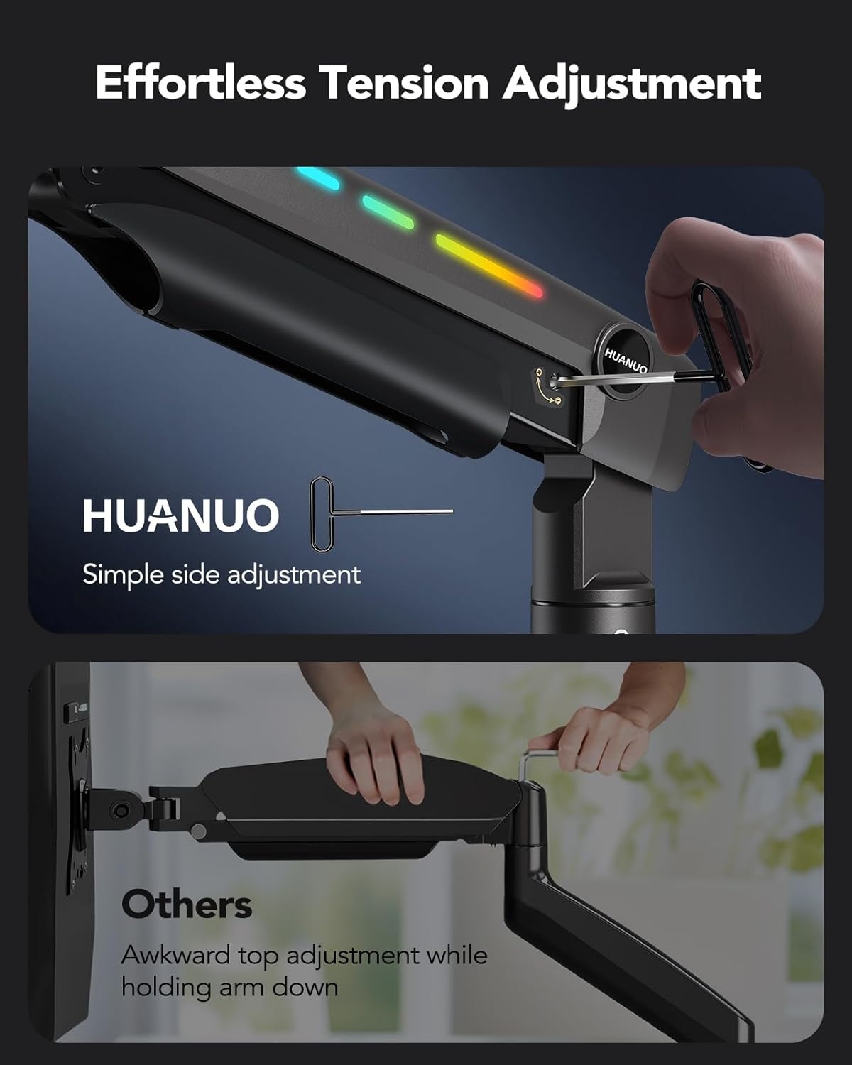 image:imageHUANUO TitanLift Monitor Arm for Ultrawide Screens up to 49 HeavyDuty Single Mount Holds 44 lbs Fully Adjustable Gaming Monitor Arm with CClamp amp Grommet Base Max VESA 100 x 100mm RGB45