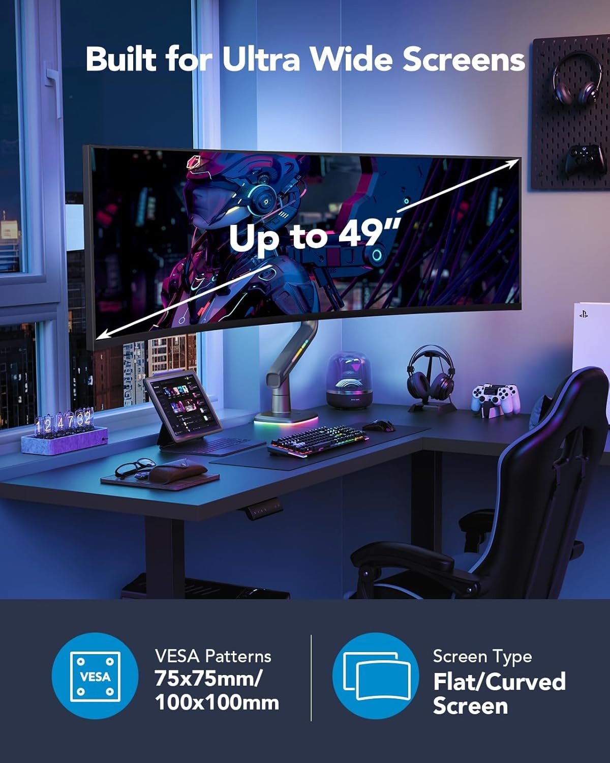 image:imageHUANUO TitanLift Monitor Arm for Ultrawide Screens up to 49 HeavyDuty Single Mount Holds 44 lbs Fully Adjustable Gaming Monitor Arm with CClamp amp Grommet Base Max VESA 100 x 100mm RGB49
