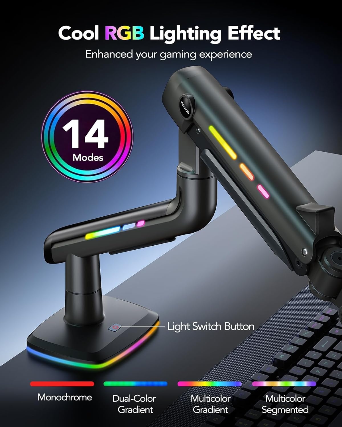 image:imageHUANUO TitanLift Monitor Arm for Ultrawide Screens up to 49 HeavyDuty Single Mount Holds 44 lbs Fully Adjustable Gaming Monitor Arm with CClamp amp Grommet Base Max VESA 100 x 100mm RGB45