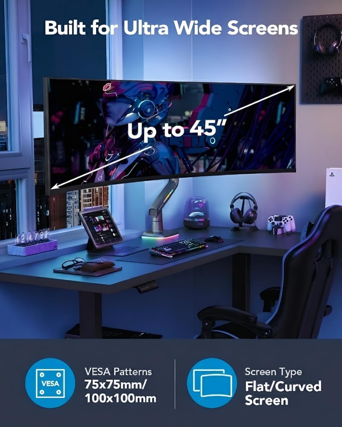 image:imageHUANUO TitanLift Monitor Arm for Ultrawide Screens up to 49 HeavyDuty Single Mount Holds 44 lbs Fully Adjustable Gaming Monitor Arm with CClamp amp Grommet Base Max VESA 100 x 100mm RGB45