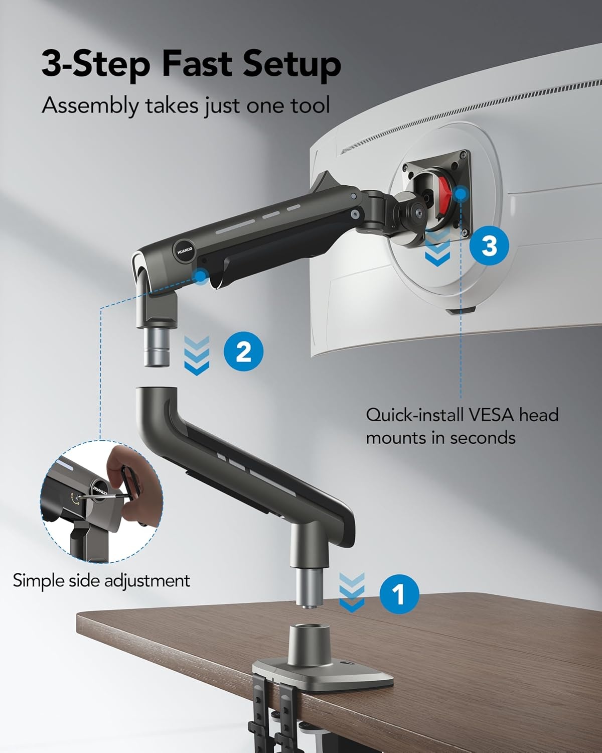 image:imageHUANUO TitanLift Monitor Arm for Ultrawide Screens up to 49 HeavyDuty Single Mount Holds 44 lbs Fully Adjustable Gaming Monitor Arm with CClamp amp Grommet Base Max VESA 100 x 100mm RGB49