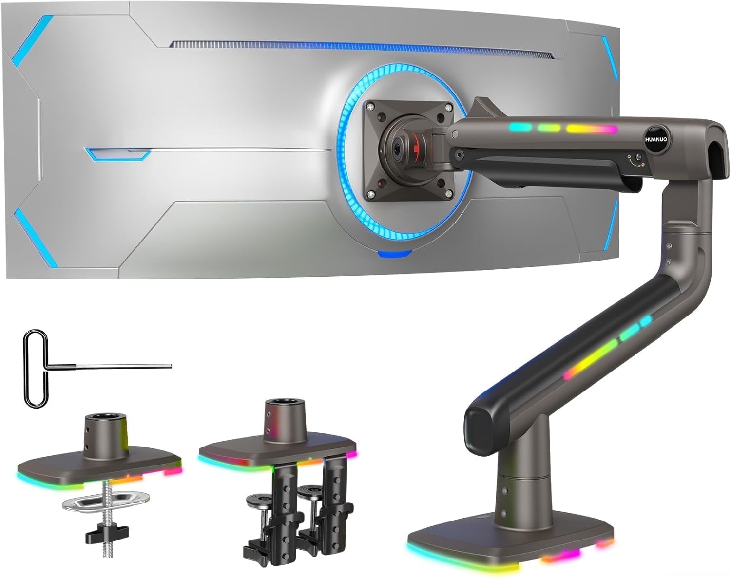 image:imageHUANUO TitanLift Monitor Arm for Ultrawide Screens up to 49 HeavyDuty Single Mount Holds 44 lbs Fully Adjustable Gaming Monitor Arm with CClamp amp Grommet Base Max VESA 100 x 100mm RGB49