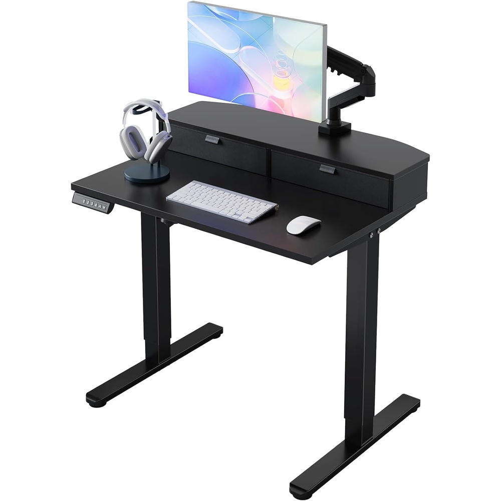 image:imageHUANUO 32 x 21 inch Small Electric Standing Desk with 2 Drawers CClamp Mount Compatible Height Adjustable Sit Stand Desk Home Office Stand Up Desk with 4 Memory Height Settings WhiteBlack