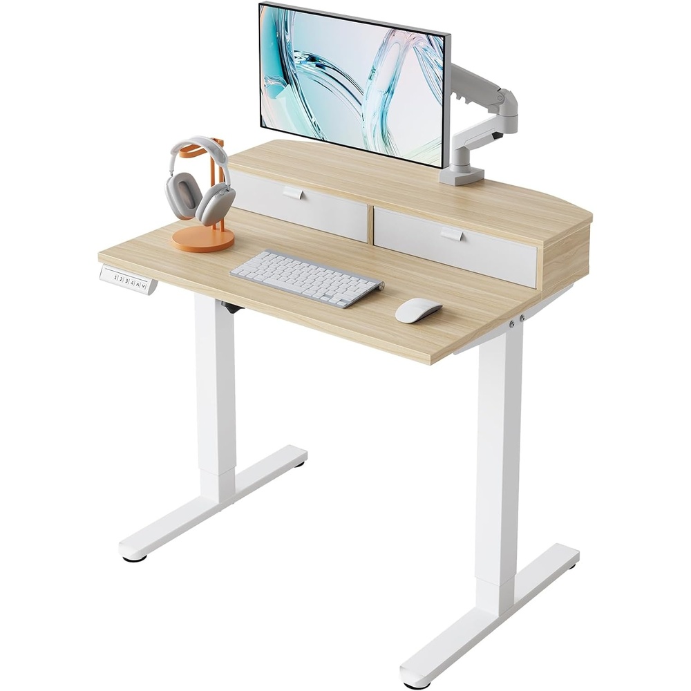 image:imageHUANUO 32 x 21 inch Small Electric Standing Desk with 2 Drawers CClamp Mount Compatible Height Adjustable Sit Stand Desk Home Office Stand Up Desk with 4 Memory Height Settings WhiteLight Walnut