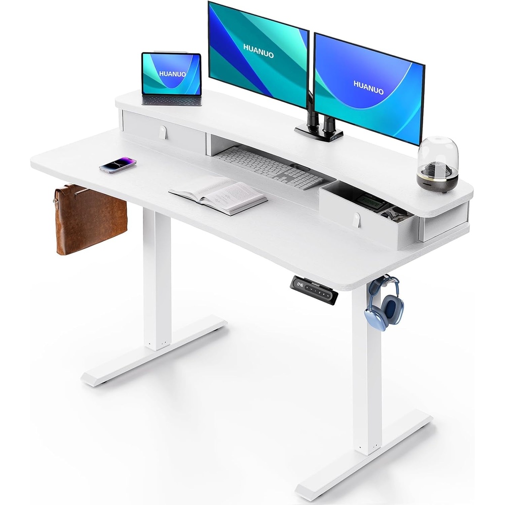 image:imageHUANUO 48 x 24 Electric Standing Desk with 2 Drawers CClamp Mount Compatible Height Adjustable Computer Desk Home Office Stand Up Desk with 4 Preset Heights amp 2 Hooks BlackWhite