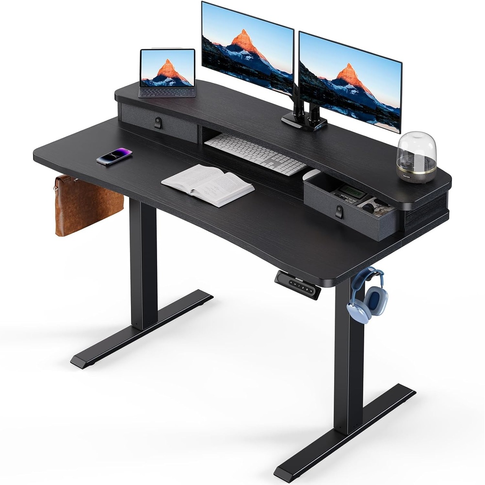 image:imageHUANUO 48 x 24 Electric Standing Desk with 2 Drawers CClamp Mount Compatible Height Adjustable Computer Desk Home Office Stand Up Desk with 4 Preset Heights amp 2 Hooks BlackBlack