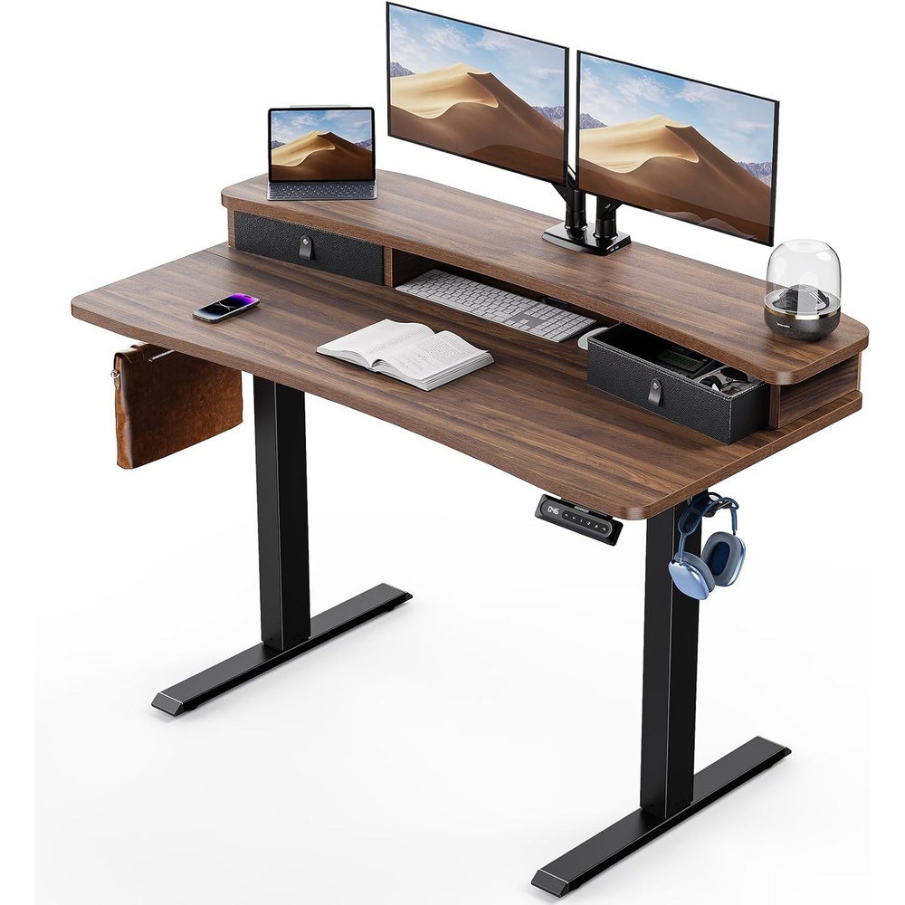image:imageHUANUO 48 x 24 Electric Standing Desk with 2 Drawers CClamp Mount Compatible Height Adjustable Computer Desk Home Office Stand Up Desk with 4 Preset Heights amp 2 Hooks BlackWalnut