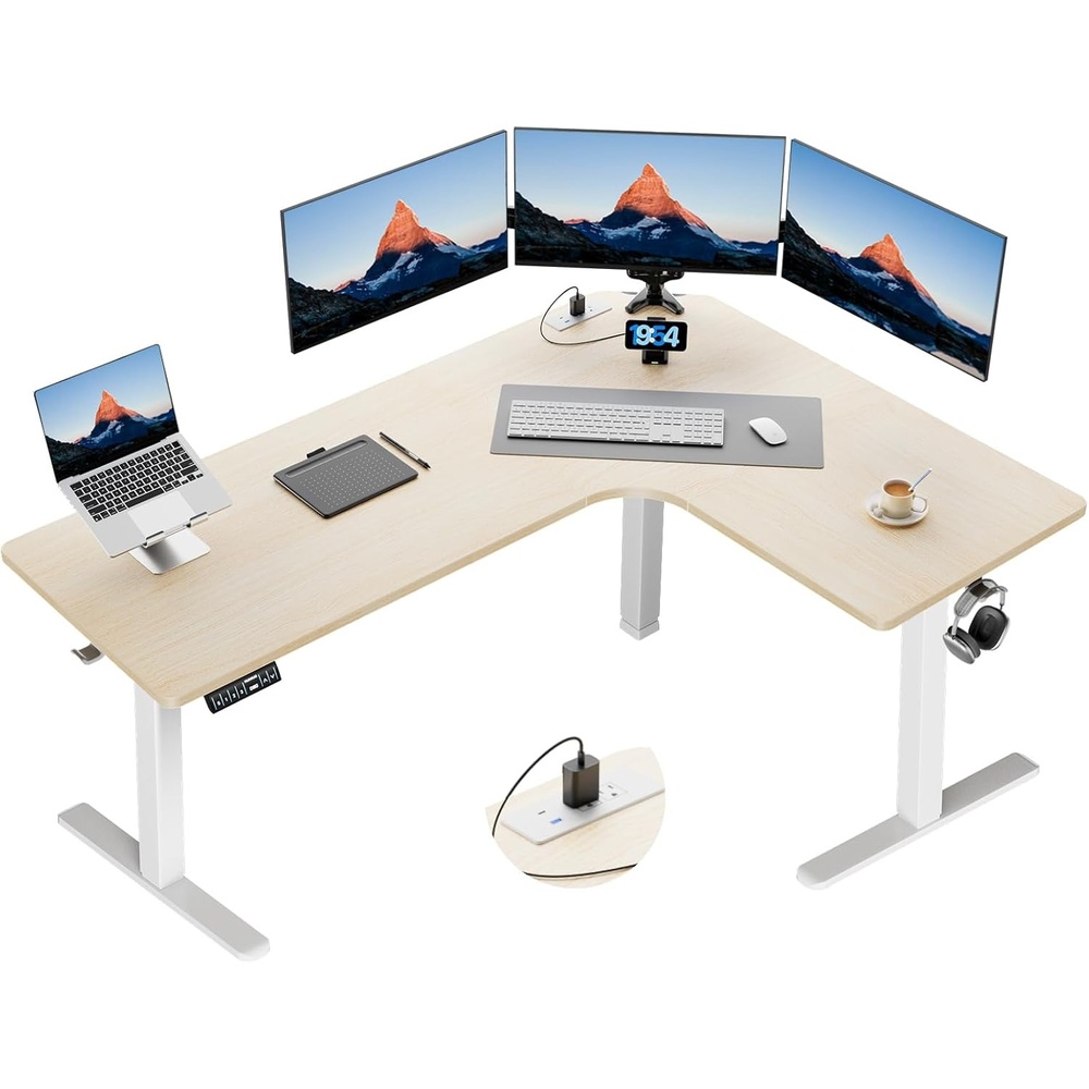 image:imageHUANUO 63 LShaped Standing Desk Builtin Power Outlets Electric Height Adjustable Corner Computer Desk Large Power Strip Holder Sit Stand Up Desk with 3 Preset Heights BlackNatural Wood