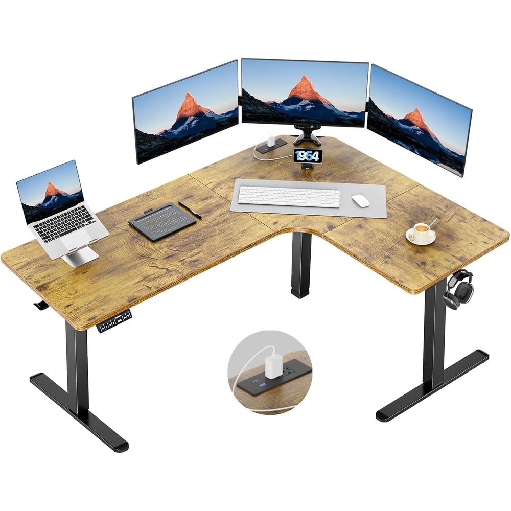 image:imageHUANUO 63 LShaped Standing Desk Builtin Power Outlets Electric Height Adjustable Corner Computer Desk Large Power Strip Holder Sit Stand Up Desk with 3 Preset Heights BlackVintage Brown