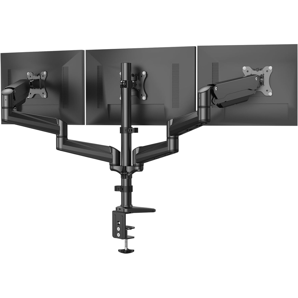 image:imageHUANUO Gaming Triple Monitor Stand Full Motion Articulating Triple Monitor Mount Fit 17 to 32 inch FlatCurved LCD Computer Screens with Clamp Grommet Kit SilverBlack