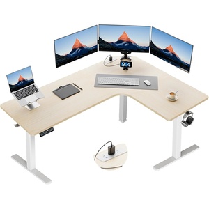 image:imageHUANUO 63 LShaped Standing Desk Builtin Power Outlets Electric Height Adjustable Corner Computer Desk Large Power Strip Holder Sit Stand Up Desk with 3 Preset Heights BlackNatural Wood