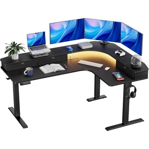 image:imageHUANUO 65 LShaped Standing Desk with Power Outlets amp LED Strip Electric Height Adjustable Corner Computer Desk Sit Stand Up Desk with 3 Drawers BlackBlack