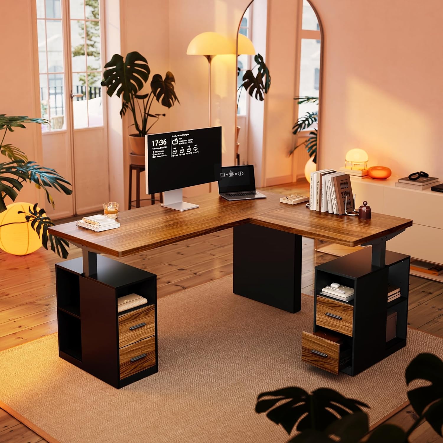 image:imageHUANUO 63 Inch L Shaped Standing Desk Electric Executive Height Adjustable Desk with Storage Drawers Reversible Design Computer Workstation for Home Office Black WalnutBlack Walnut