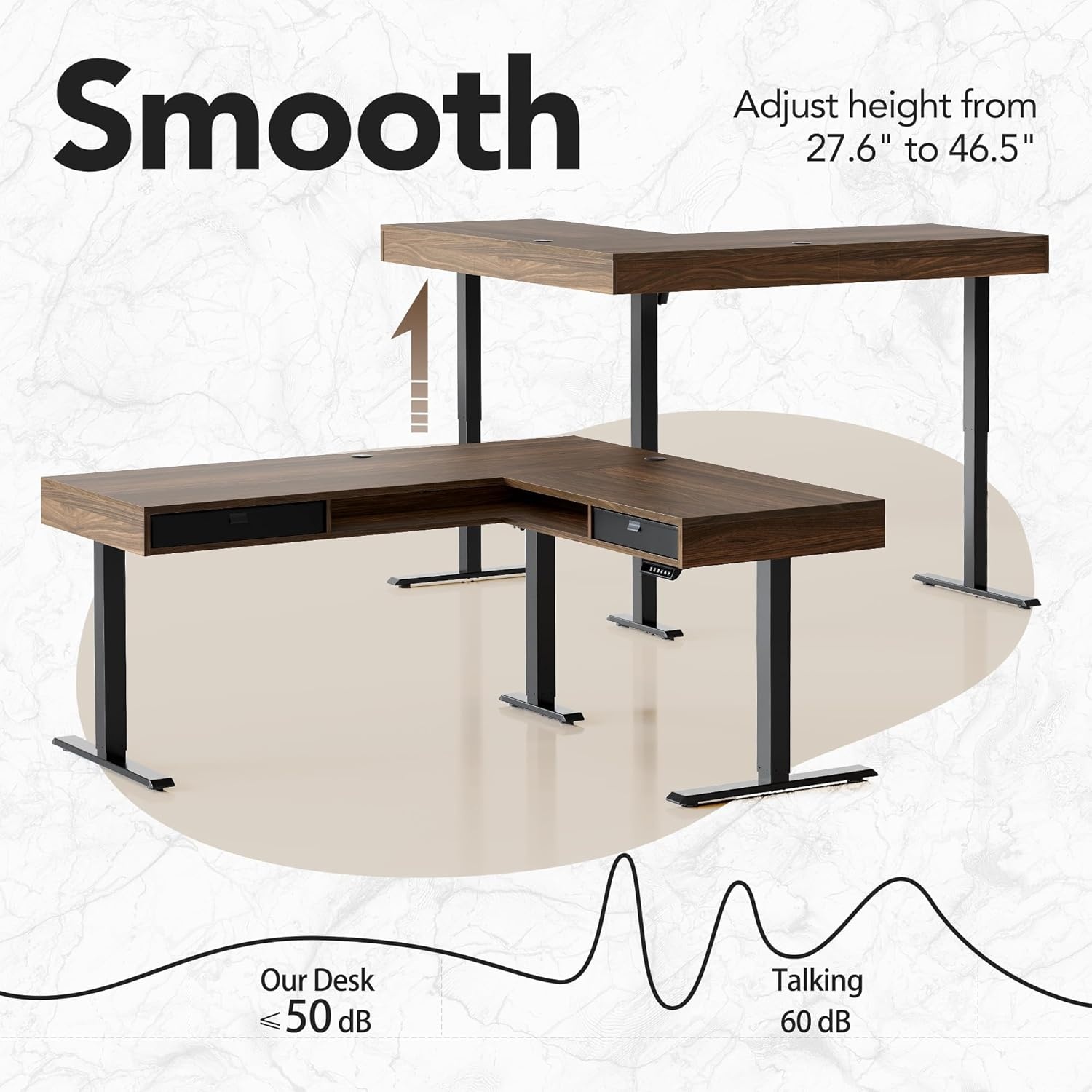 image:imageHUANUO 655 576 Electric L Shaped Standing Desk with 6 Storage Drawers 2Tier Corner Sit Stand Desk with Power Strip Tray amp Cable Grommets Height Adjustable Computer Gaming Table WalnutWalnut
