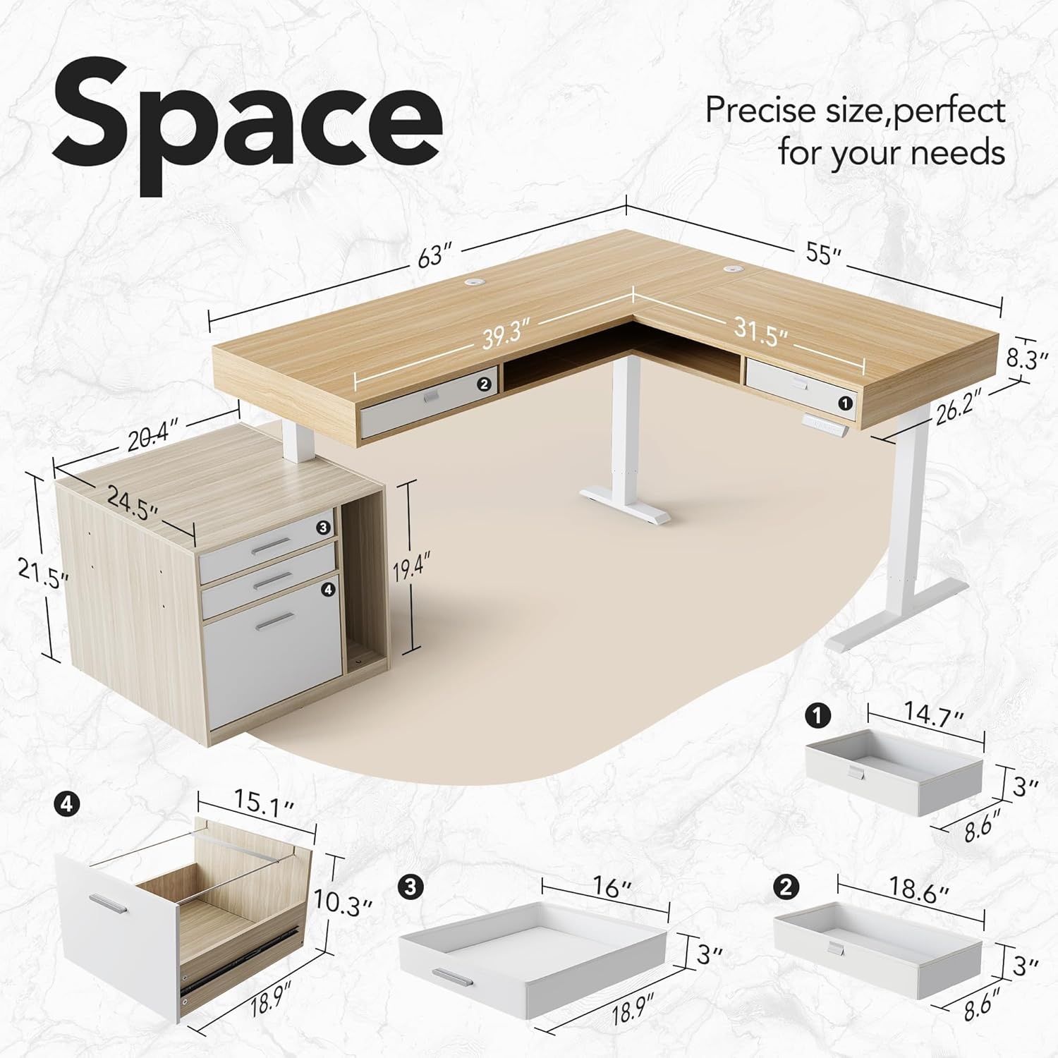 image:imageHUANUO 655 576 Electric L Shaped Standing Desk with 6 Storage Drawers 2Tier Corner Sit Stand Desk with Power Strip Tray amp Cable Grommets Height Adjustable Computer Gaming Table WalnutLight Walnut