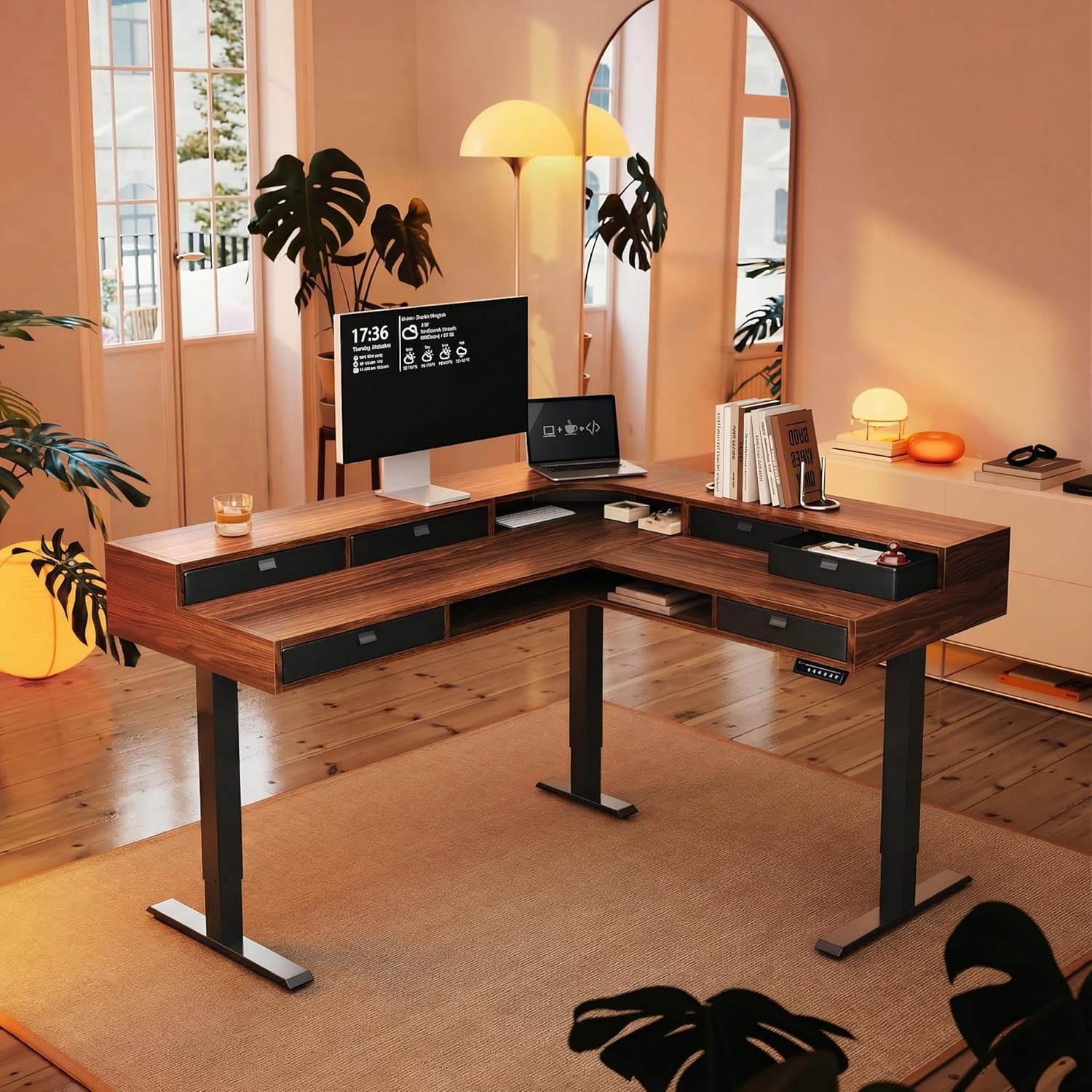 image:imageHUANUO 655 576 Electric L Shaped Standing Desk with 6 Storage Drawers 2Tier Corner Sit Stand Desk with Power Strip Tray amp Cable Grommets Height Adjustable Computer Gaming Table WalnutWalnut
