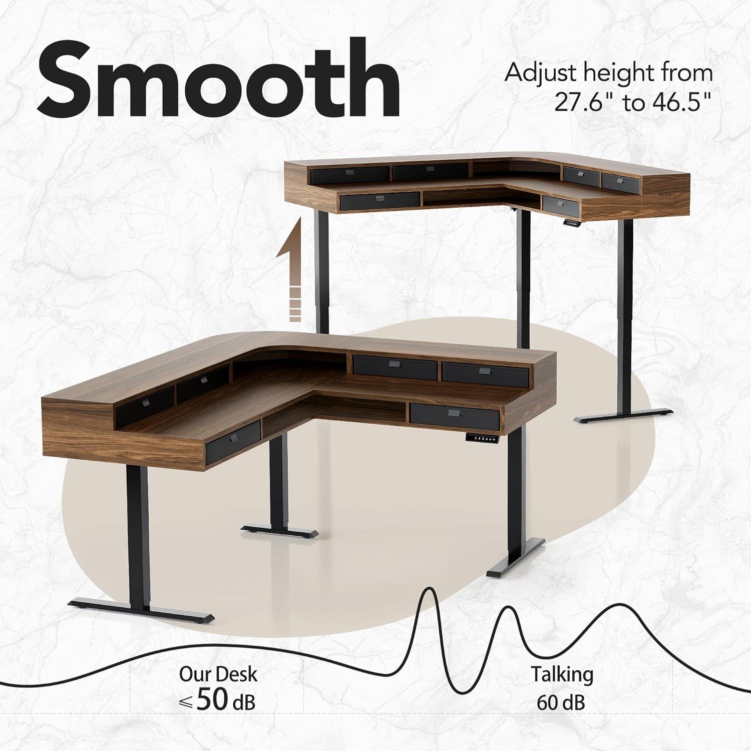 image:imageHUANUO 655 576 Electric L Shaped Standing Desk with 6 Storage Drawers 2Tier Corner Sit Stand Desk with Power Strip Tray amp Cable Grommets Height Adjustable Computer Gaming Table WalnutWalnut