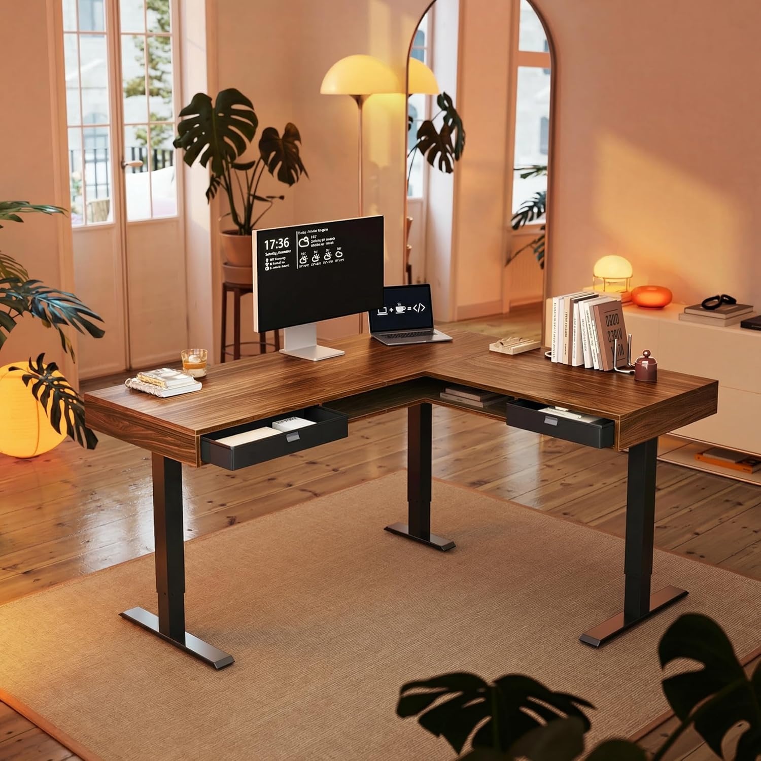 image:imageHUANUO 655 576 Electric L Shaped Standing Desk with 6 Storage Drawers 2Tier Corner Sit Stand Desk with Power Strip Tray amp Cable Grommets Height Adjustable Computer Gaming Table WalnutWalnut