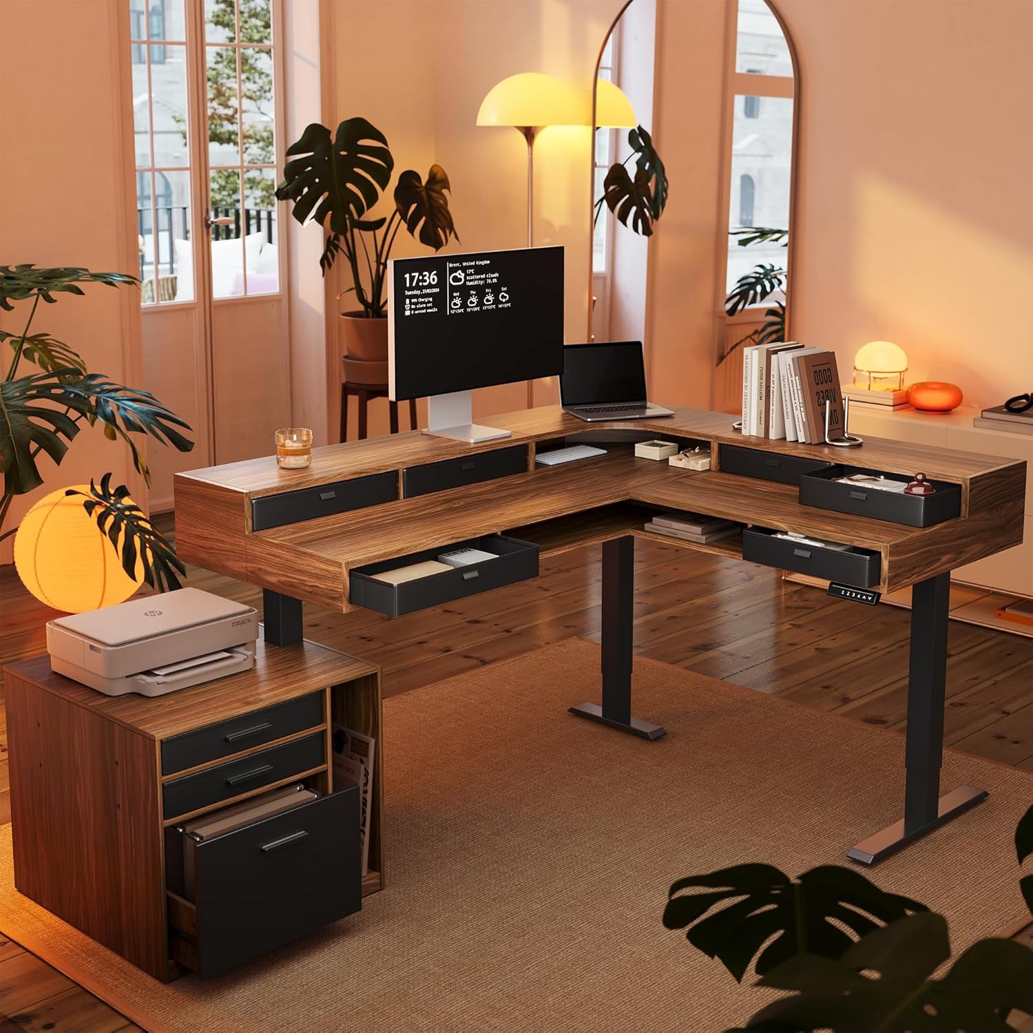 image:imageHUANUO 655 576 Electric L Shaped Standing Desk with 6 Storage Drawers 2Tier Corner Sit Stand Desk with Power Strip Tray amp Cable Grommets Height Adjustable Computer Gaming Table WalnutWalnut