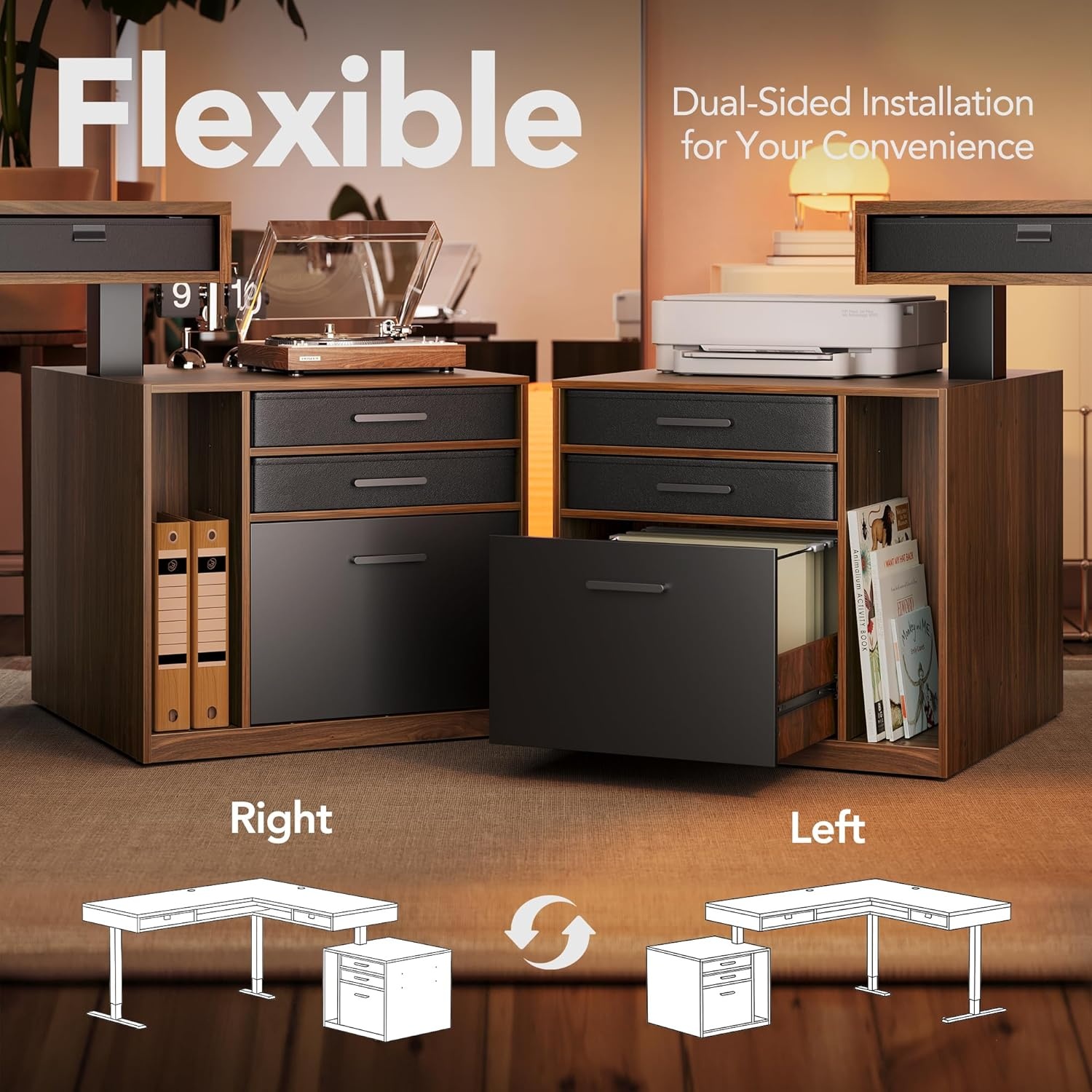 image:imageHUANUO 655 576 Electric L Shaped Standing Desk with 6 Storage Drawers 2Tier Corner Sit Stand Desk with Power Strip Tray amp Cable Grommets Height Adjustable Computer Gaming Table WalnutWalnut