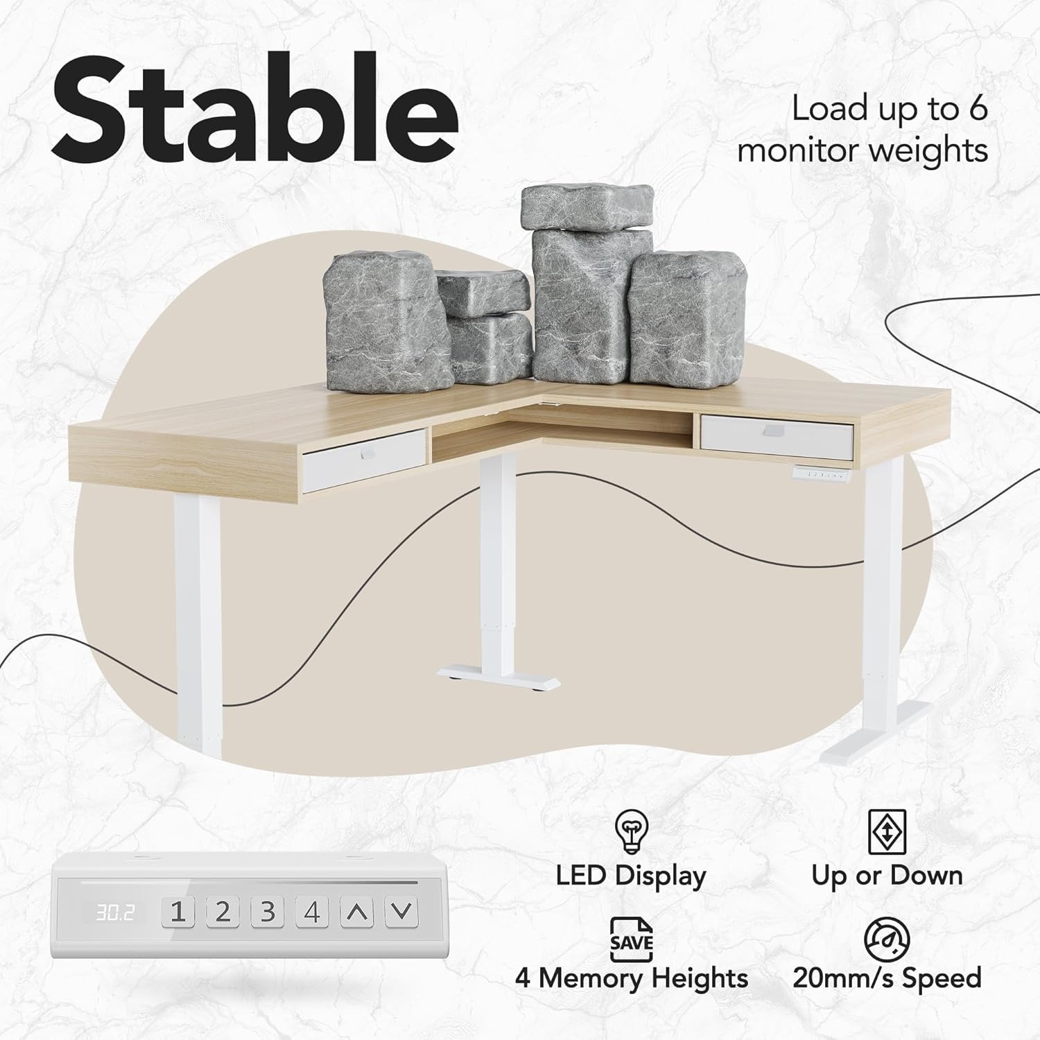 image:imageHUANUO 655 576 Electric L Shaped Standing Desk with 6 Storage Drawers 2Tier Corner Sit Stand Desk with Power Strip Tray amp Cable Grommets Height Adjustable Computer Gaming Table WalnutLight Walnut