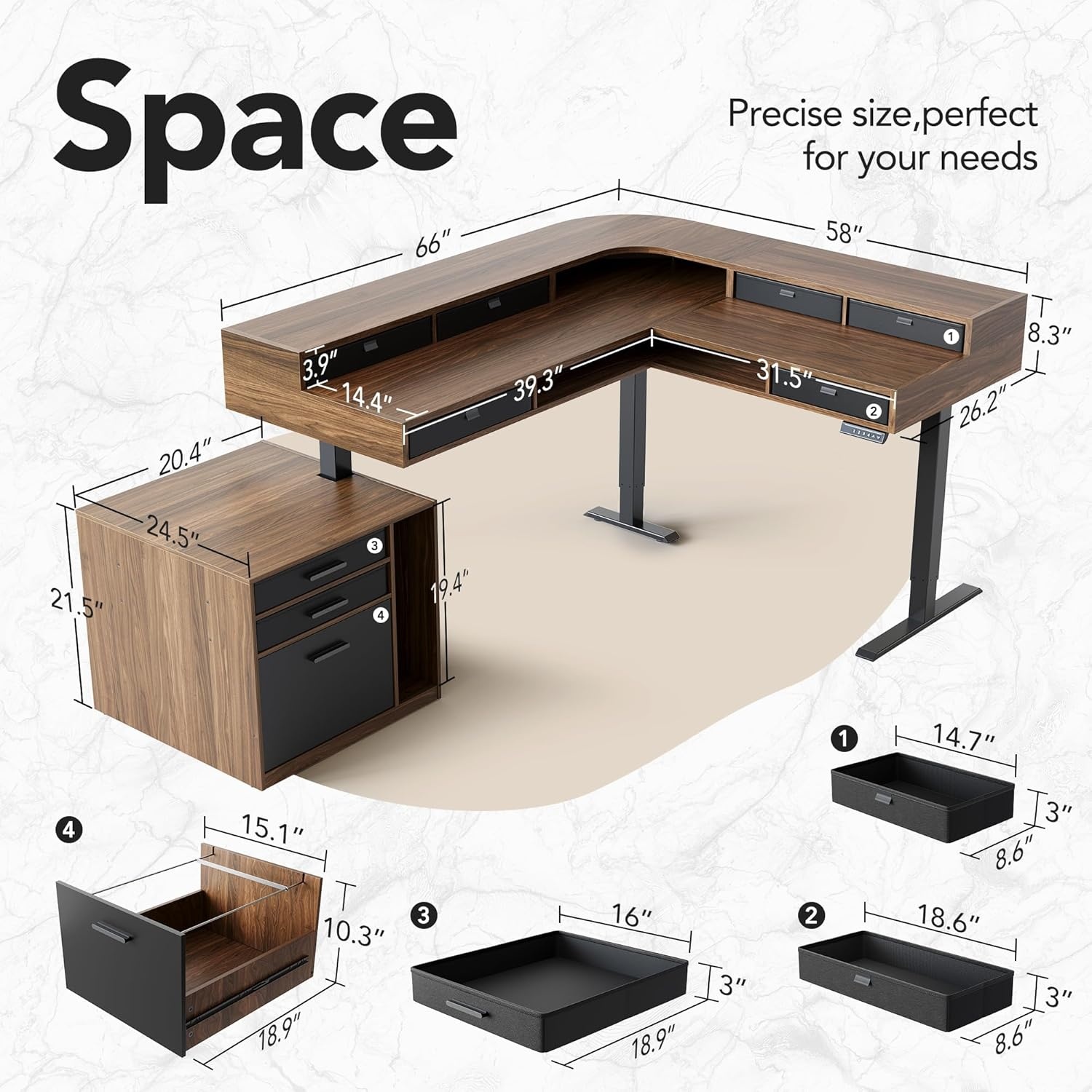 image:imageHUANUO 655 576 Electric L Shaped Standing Desk with 6 Storage Drawers 2Tier Corner Sit Stand Desk with Power Strip Tray amp Cable Grommets Height Adjustable Computer Gaming Table WalnutWalnut