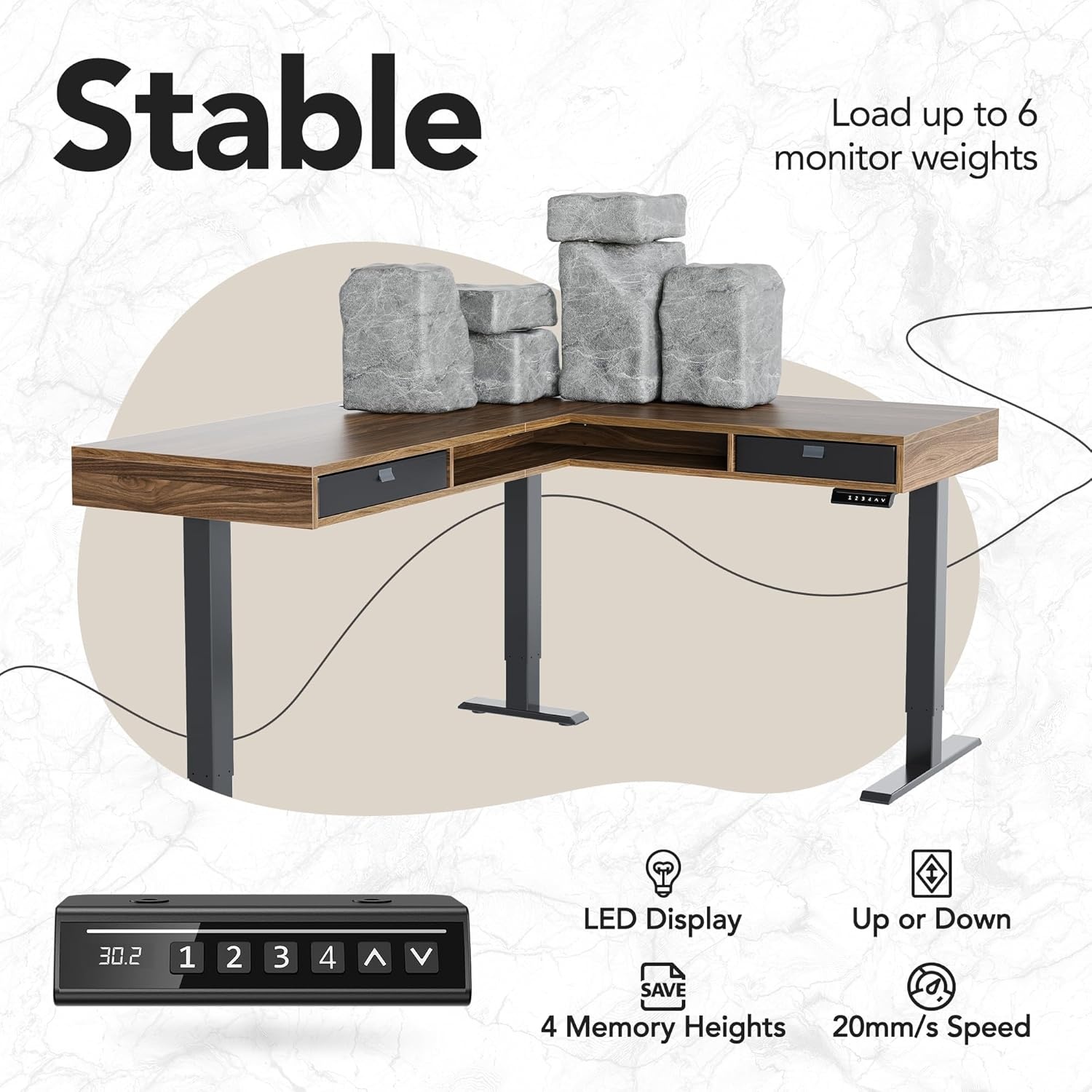 image:imageHUANUO 655 576 Electric L Shaped Standing Desk with 6 Storage Drawers 2Tier Corner Sit Stand Desk with Power Strip Tray amp Cable Grommets Height Adjustable Computer Gaming Table WalnutWalnut