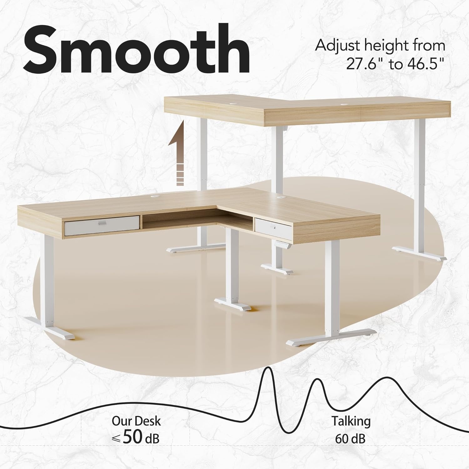 image:imageHUANUO 655 576 Electric L Shaped Standing Desk with 6 Storage Drawers 2Tier Corner Sit Stand Desk with Power Strip Tray amp Cable Grommets Height Adjustable Computer Gaming Table WalnutLight Walnut