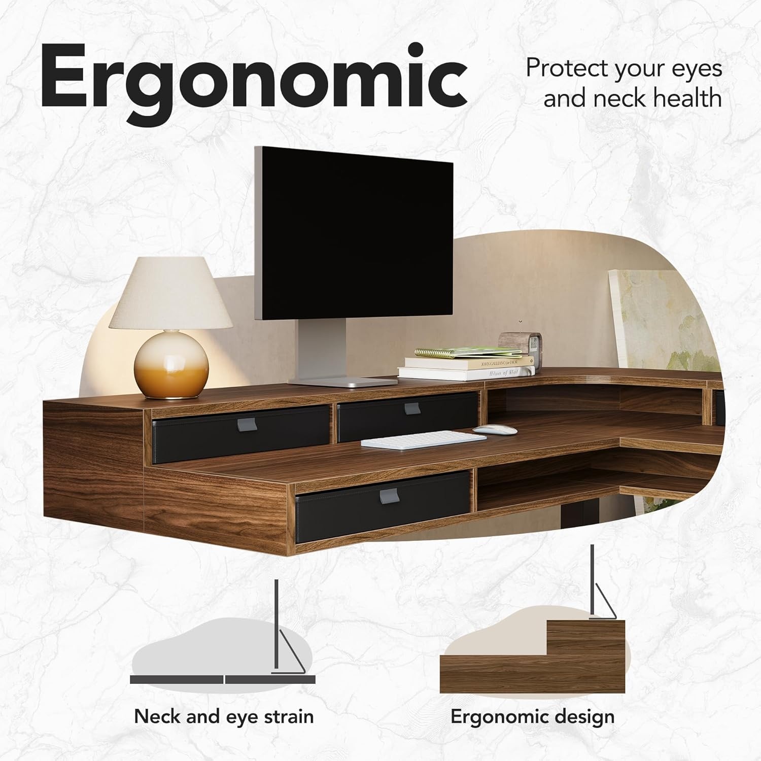 image:imageHUANUO 655 576 Electric L Shaped Standing Desk with 6 Storage Drawers 2Tier Corner Sit Stand Desk with Power Strip Tray amp Cable Grommets Height Adjustable Computer Gaming Table WalnutWalnut