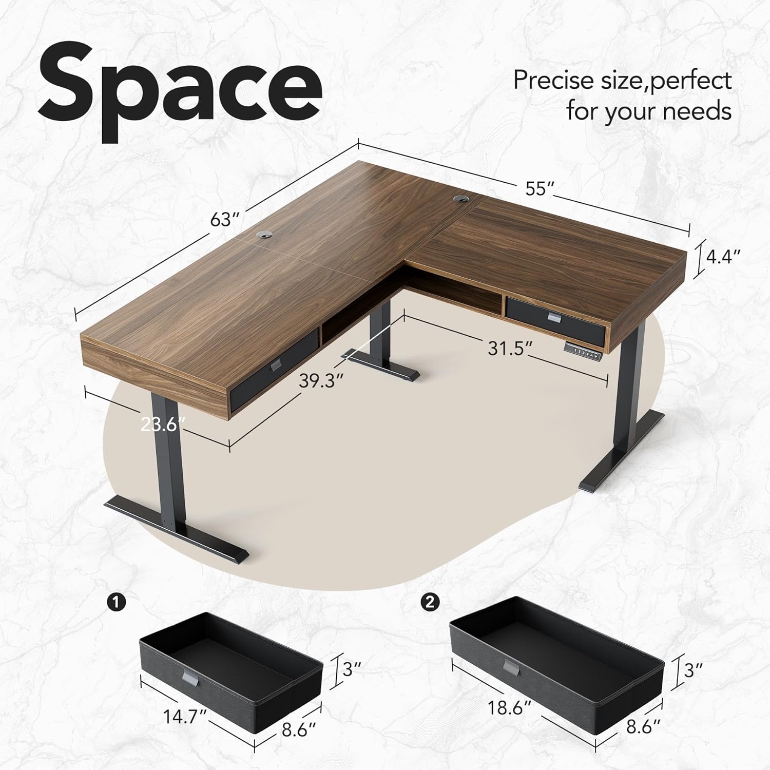 image:imageHUANUO 655 576 Electric L Shaped Standing Desk with 6 Storage Drawers 2Tier Corner Sit Stand Desk with Power Strip Tray amp Cable Grommets Height Adjustable Computer Gaming Table WalnutWalnut
