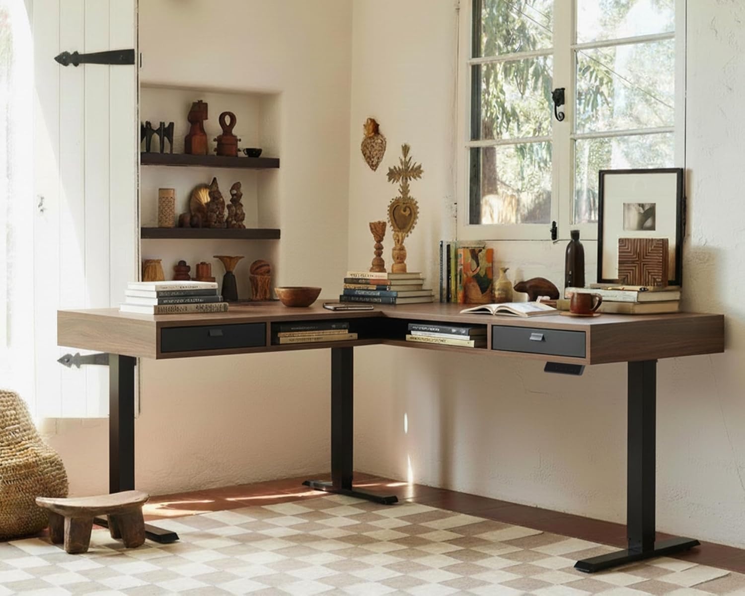 image:imageHUANUO 655 576 Electric L Shaped Standing Desk with 6 Storage Drawers 2Tier Corner Sit Stand Desk with Power Strip Tray amp Cable Grommets Height Adjustable Computer Gaming Table WalnutWalnut