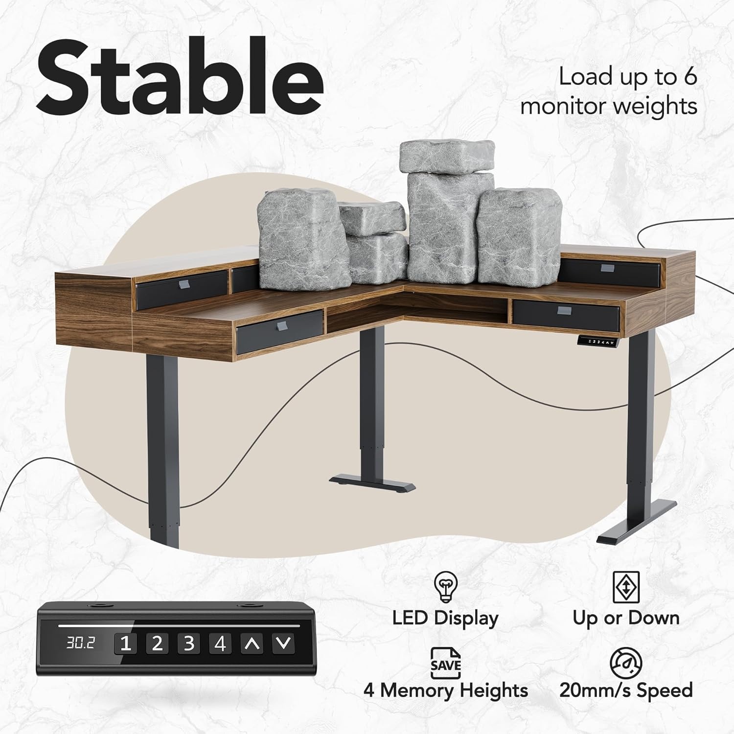 image:imageHUANUO 655 576 Electric L Shaped Standing Desk with 6 Storage Drawers 2Tier Corner Sit Stand Desk with Power Strip Tray amp Cable Grommets Height Adjustable Computer Gaming Table WalnutWalnut
