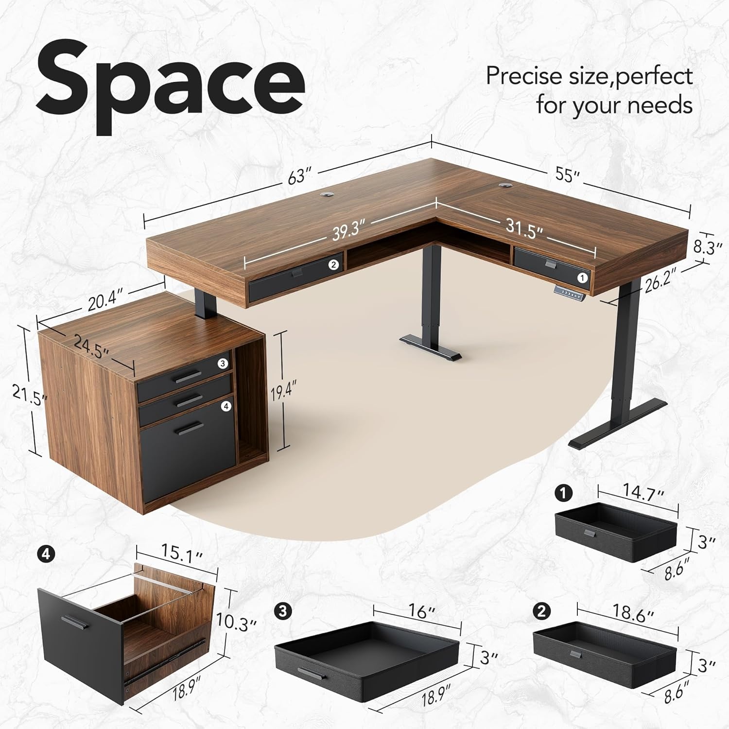 image:imageHUANUO 655 576 Electric L Shaped Standing Desk with 6 Storage Drawers 2Tier Corner Sit Stand Desk with Power Strip Tray amp Cable Grommets Height Adjustable Computer Gaming Table WalnutWalnut