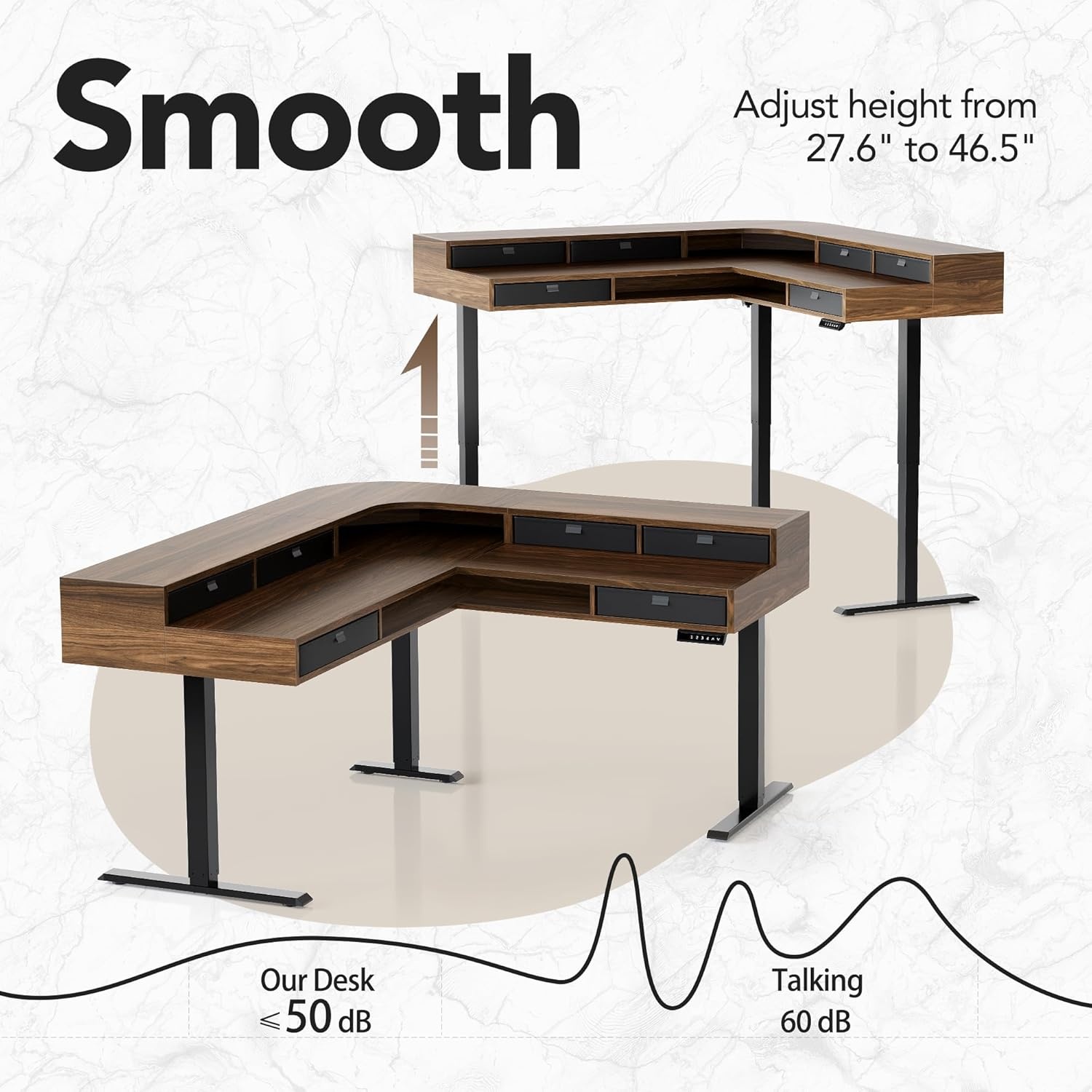 image:imageHUANUO 655 576 Electric L Shaped Standing Desk with 6 Storage Drawers 2Tier Corner Sit Stand Desk with Power Strip Tray amp Cable Grommets Height Adjustable Computer Gaming Table WalnutWalnut