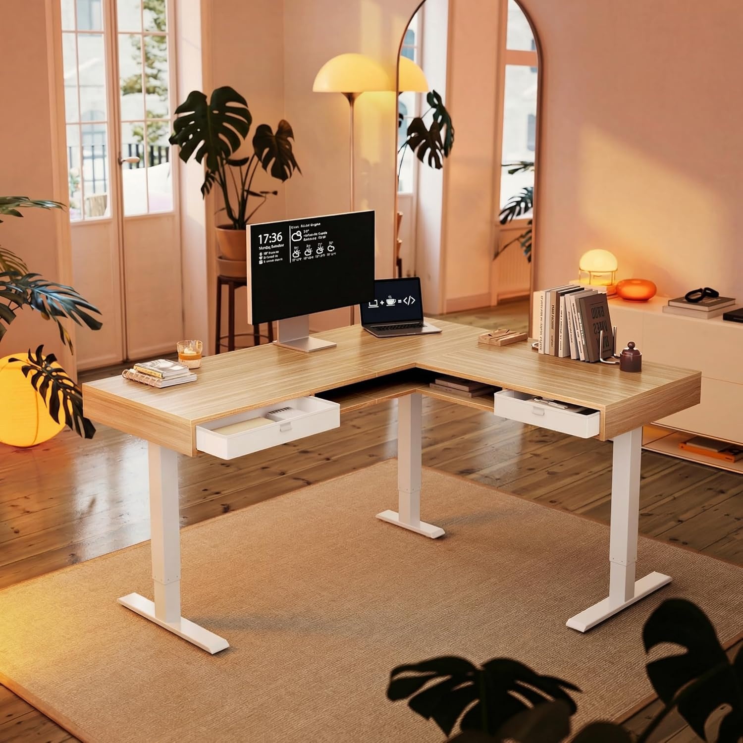image:imageHUANUO 655 576 Electric L Shaped Standing Desk with 6 Storage Drawers 2Tier Corner Sit Stand Desk with Power Strip Tray amp Cable Grommets Height Adjustable Computer Gaming Table WalnutLight Walnut