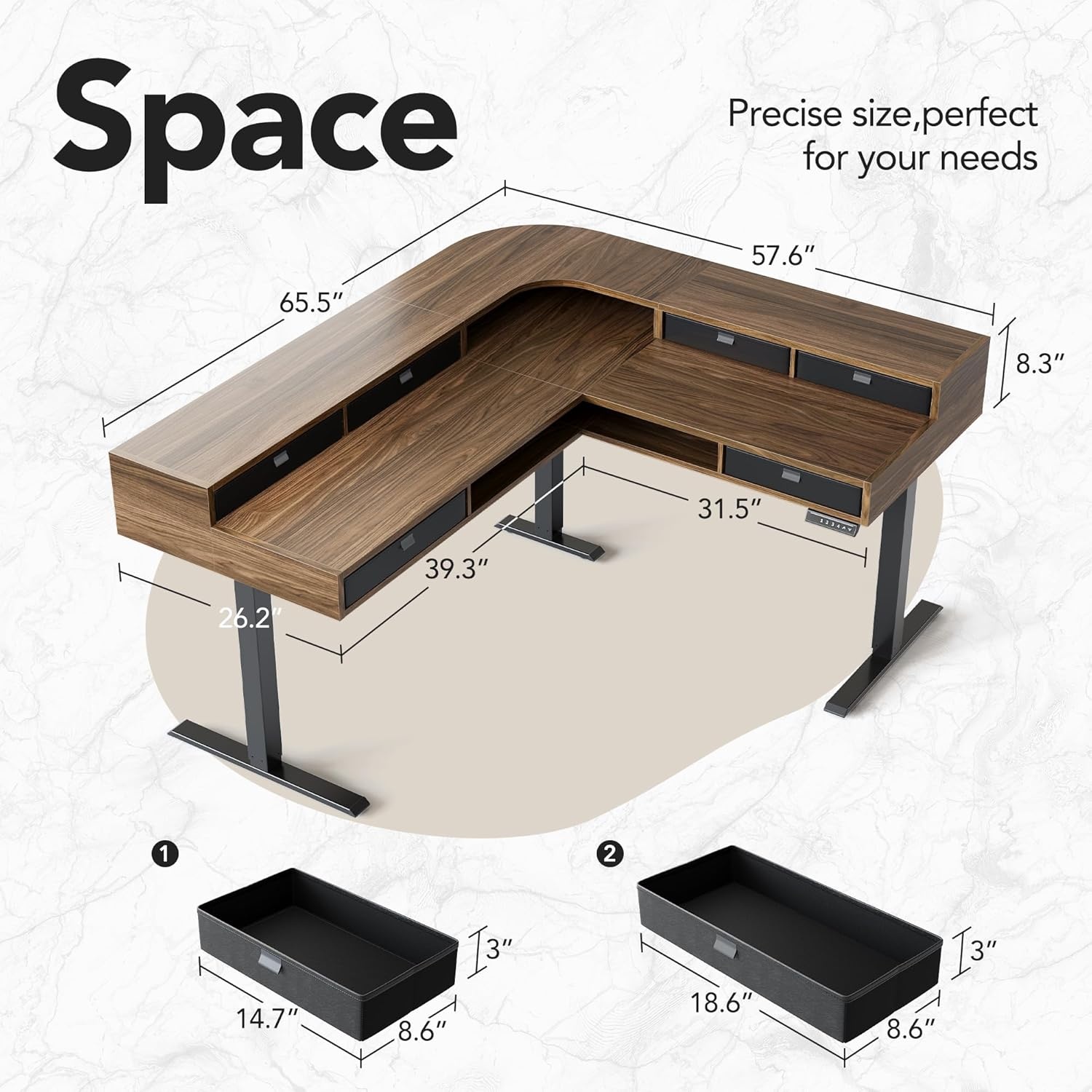 image:imageHUANUO 655 576 Electric L Shaped Standing Desk with 6 Storage Drawers 2Tier Corner Sit Stand Desk with Power Strip Tray amp Cable Grommets Height Adjustable Computer Gaming Table WalnutWalnut
