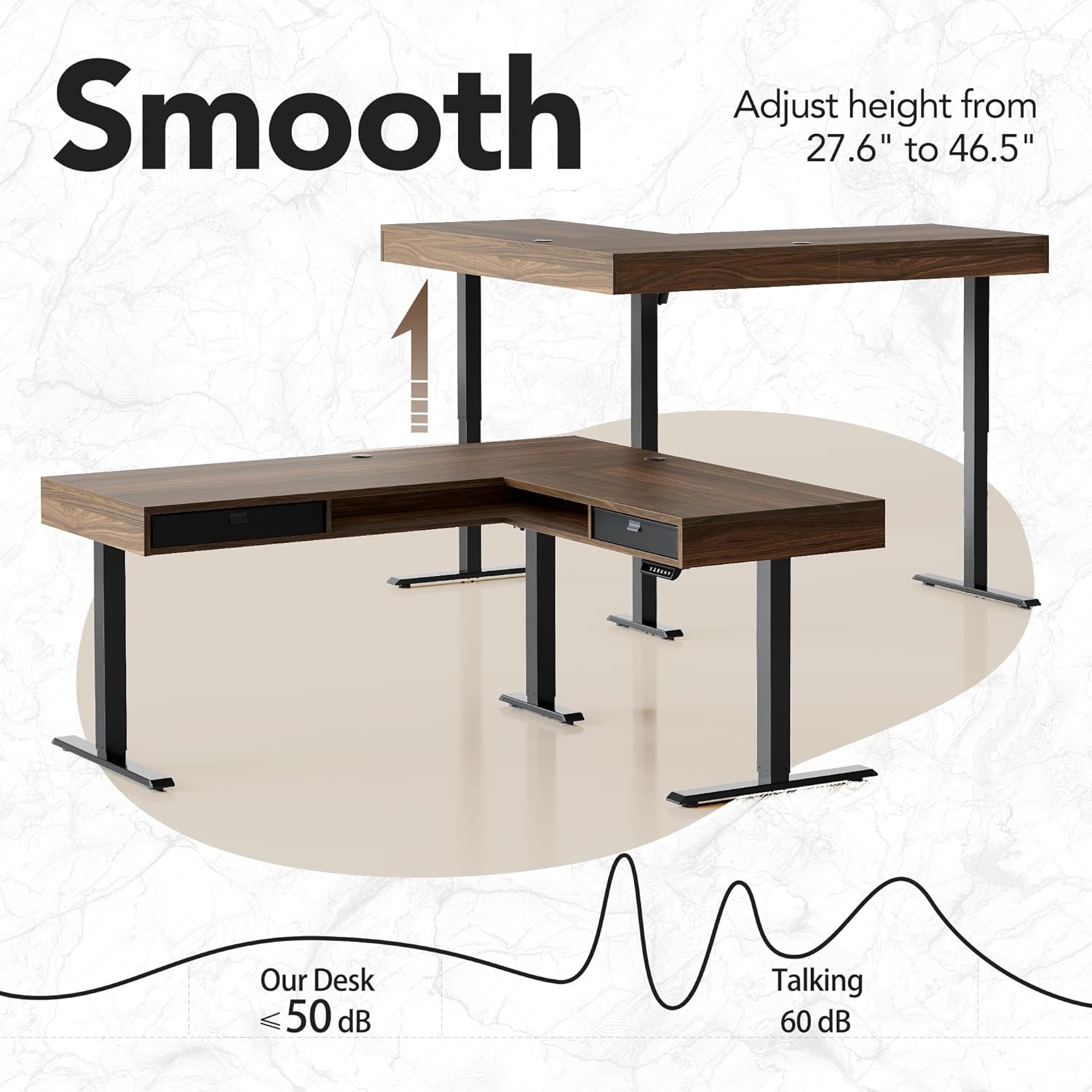 image:imageHUANUO 655 576 Electric L Shaped Standing Desk with 6 Storage Drawers 2Tier Corner Sit Stand Desk with Power Strip Tray amp Cable Grommets Height Adjustable Computer Gaming Table WalnutWalnut
